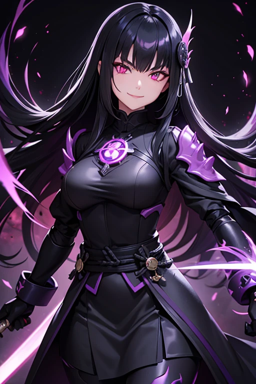 long black hair, purple glowing eyes, evil smile, black samurai armor, dark aura