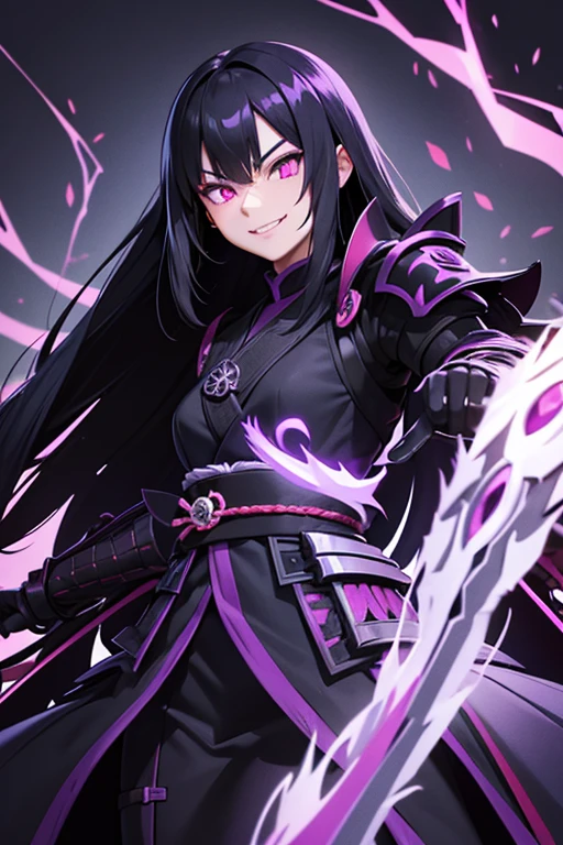 long black hair, purple glowing eyes, evil smile, black samurai armor, dark aura