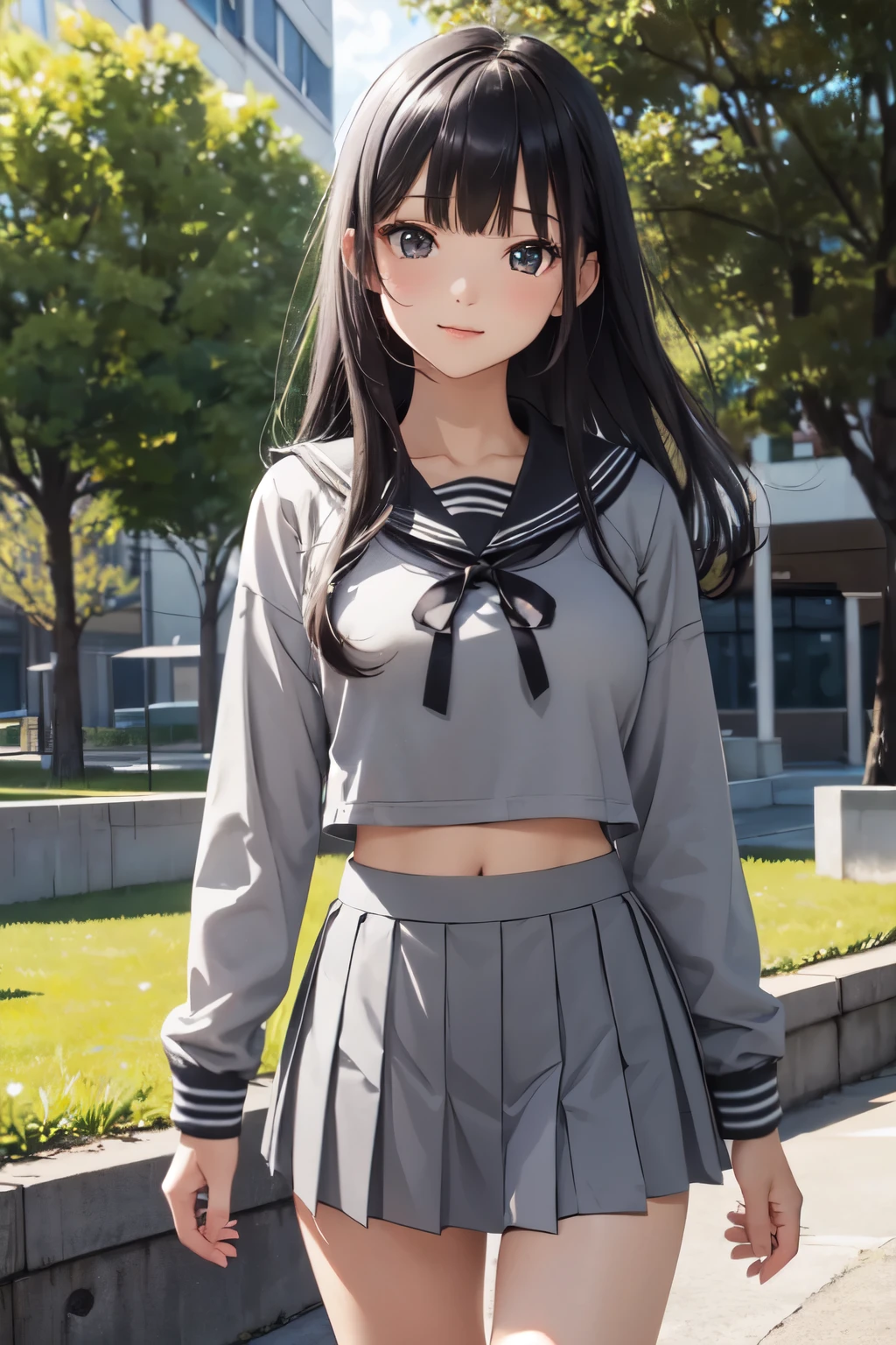 (in 8K, Best Quality, masutepiece:1.2)、超A high resolution、1 very cute and beautiful girl、ultra-detailed face,detailed eyes,Cinema Lighting、cute little、A dark-haired、long straight hair、blunt bangs,(sensuous gray eyes), sensuous smile, big breast,BREAK,wearing gray serafuku, (gray:1.5) (midriff) sailor suit, (gray sailor collar with two black stripes), (black tops:1.5), long sleeves, (hem out), gray cuffs with three white stripes,(gray pleated skirt),plain, (short-skirt:1.5),BREAK,Walking through the schoolyard with a view of the school building and flower beds