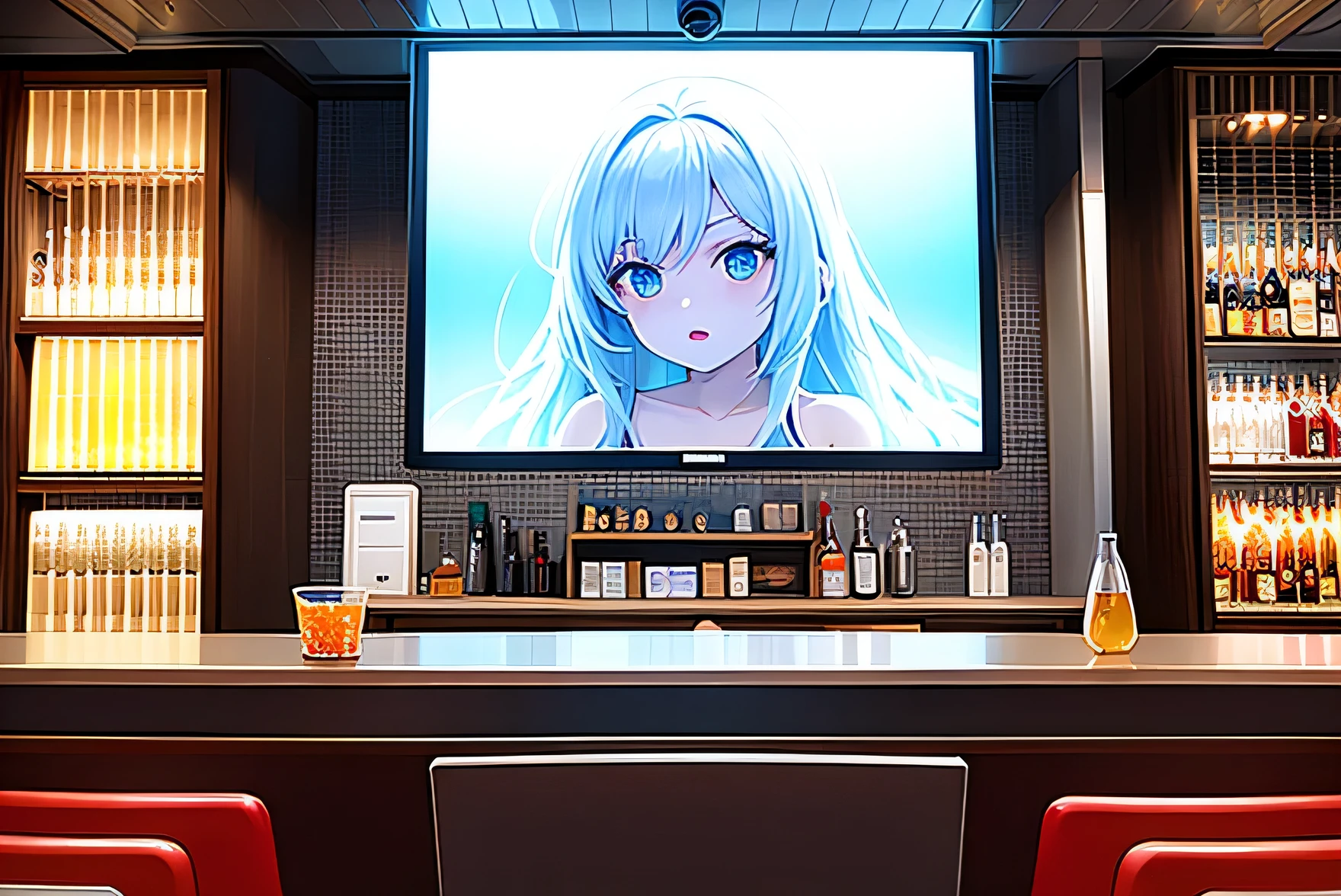 Background Story, front view of the counter of a futuristic american bar, com amostra de bebidas na parede, a giant television screen on the left
