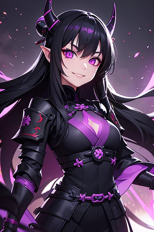 long black hair, purple glowing eyes, evil smile, black samurai armor, dark aura, horns