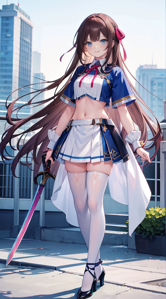 masterpiece, best quality,shiny,chromatic aberration abuse,pastel color,full body,
1girl (16 old),solo, aoisan, blue eyes,brown hair with ribbon,smile,long hair, Outdoor, standing, holding giant sword
 armor shirt, crop top, wrist cuffs,gradient legwear, red thighhighs,high heels, ribbon,
