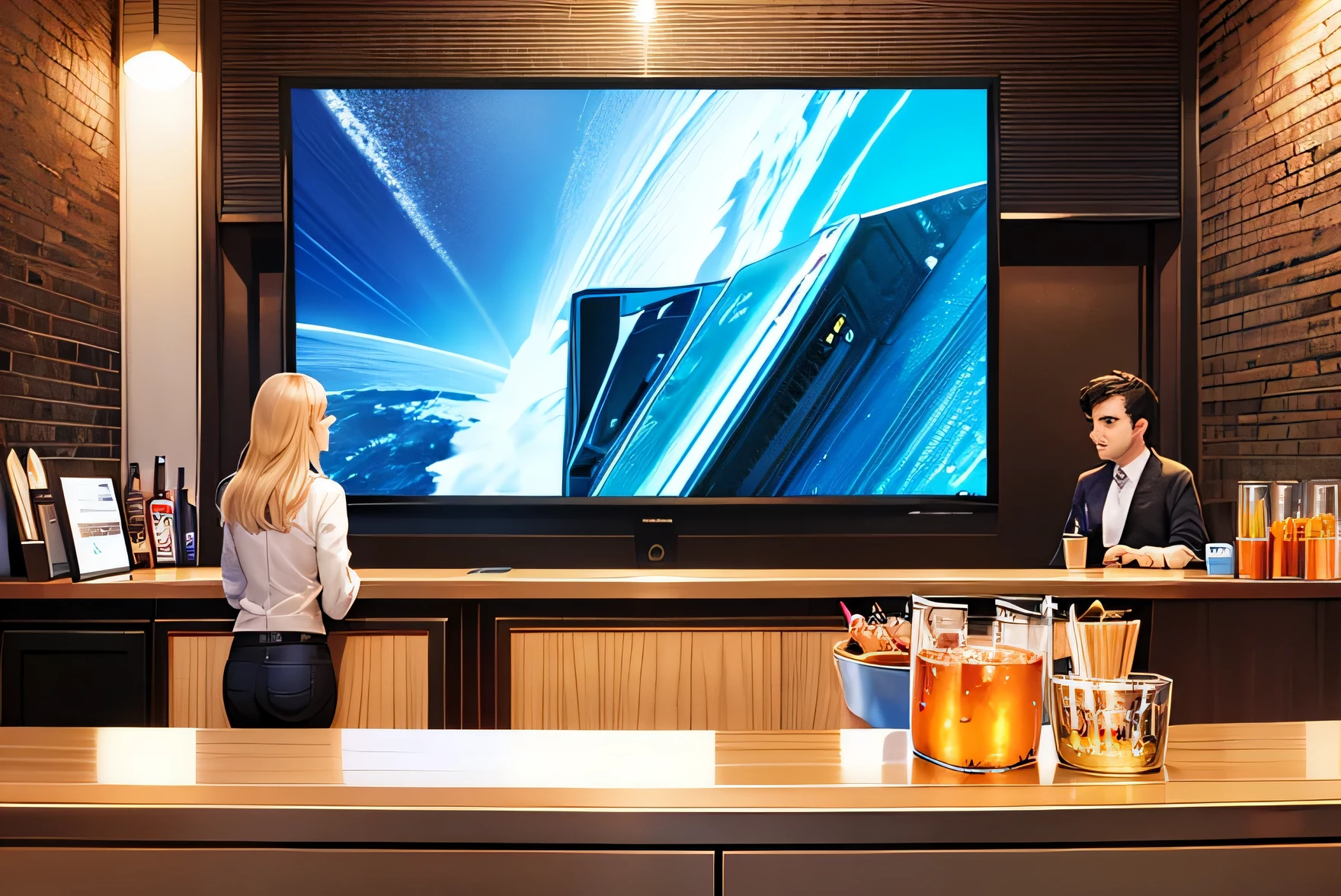 Background Story, front view of the counter of a futuristic american bar, com amostra de bebidas na parede, a giant television screen on the left