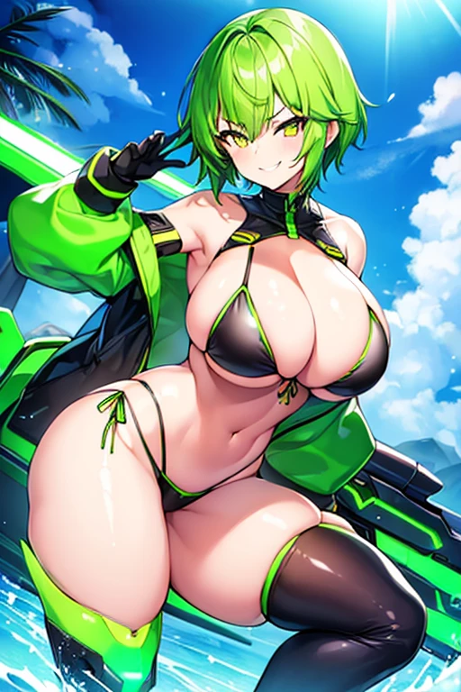 1girl, large breasts, breasts, wide hips, thick thighs, green hair, yellow eyes, bikini, black bikini, smug, smirk, smile, neon, neon trim, futuristic, science-fiction, highleg, highleg bikini, very short hair, pixie cut, tomboy, machinery, tech