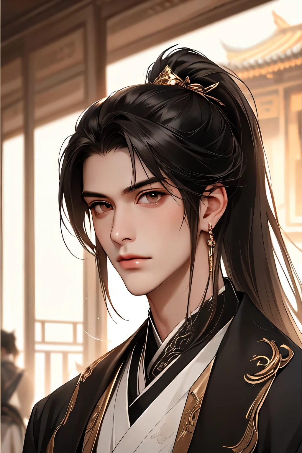 (Best quality,A high resolution,The image is clear,:1.2),There is a handsome guy in the teahouse,Bad laughs,the only person,Ultra detailed backgrounds,dynamicposes,Chinese-style clothes,high ponytails,natta,Black colored eyes,asian architecture interior,Romantic atmosphere,,Dutch Angle Shot,gentlesoftlighting,portrait of upper body,Eye focus,a sharp gaze,