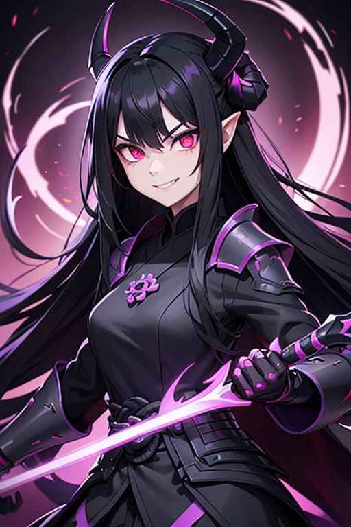 long black hair, purple glowing eyes, evil smile, black samurai armor, dark aura, demonic horns