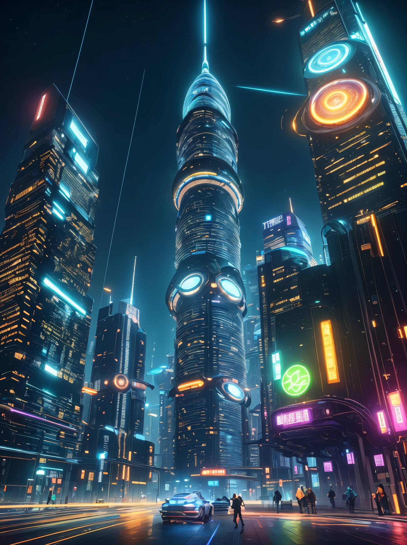 In this futuristic image of a city at night，We were taken into a city full of technology and innovation。Tall skyscrapers glow with neon lights in the night sky，Forming a series of colorful lines。The facades of these buildings are covered with reflective materials，Reflects surrounding lights，Create a futuristic atmosphere。 On the streets of the city，Driverless cars and aircraft fly by，They leave colorful trails in the night sky。These vehicles are made of smooth metal and transparent materials，It gives a sense of technology and the future。People wear fashionable clothing，Wearing smart glasses and bracelet，Integrate with technology。 The center of the city is a huge，There is a huge water screen projection on，Displays a variety of gorgeous images and animations。People surround the water curtain projection，Admire the art works and technology displayorming a unique interactive experience。surrounded by a green belt，Planting plants of the future，These plants emit faint fluorescence，Adding a touch of vitality and natural flavor to the city。 In the distance of the picture，We can see a huge spaceport，The spaceship is taking off，Carrying people to unknown areas of the universe。The spaceport’s architectural design is unique，Full of curves and streamlined elements，It gives a sense of futuristic technology。 The whole picture is full of a sense of technology and the future，Showing a future city full of innovation and imagination。This painting is rich in detail，vibrant with colorull of imagination and creativity，It makes people feel like they are in a future world full of technological wonders， (Cyberpunk night view， ultra - detailed， intricately details， deep colour， 8k解像度， realisticlying， tmasterpiece， cinmatic lighting， bokeh， Unreal Engine 5， rendering by octane， movie smoothing)