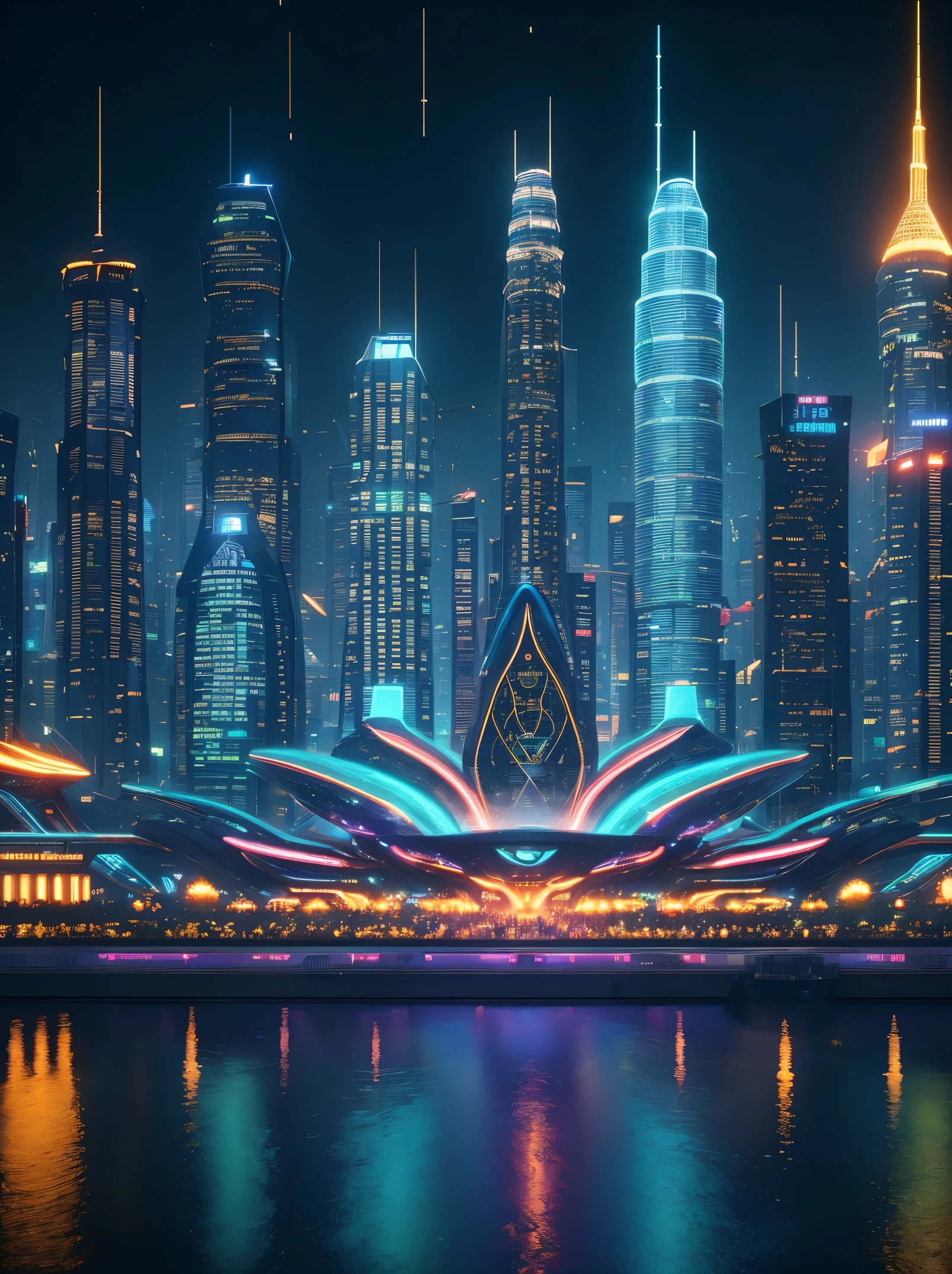 In this futuristic image of a city at night，We were taken into a city full of technology and innovation。Tall skyscrapers glow with neon lights in the night sky，Forming a series of colorful lines。The facades of these buildings are covered with reflective materials，Reflects surrounding lights，Create a futuristic atmosphere。 On the streets of the city，Driverless cars and aircraft fly by，They leave colorful trails in the night sky。These vehicles are made of smooth metal and transparent materials，It gives a sense of technology and the future。People wear fashionable clothing，Wearing smart glasses and bracelet，Integrate with technology。 The center of the city is a huge，There is a huge water screen projection on，Displays a variety of gorgeous images and animations。People surround the water curtain projection，Admire the art works and technology displayorming a unique interactive experience。surrounded by a green belt，Planting plants of the future，These plants emit faint fluorescence，Adding a touch of vitality and natural flavor to the city。 In the distance of the picture，We can see a huge spaceport，The spaceship is taking off，Carrying people to unknown areas of the universe。The spaceport’s architectural design is unique，Full of curves and streamlined elements，It gives a sense of futuristic technology。 The whole picture is full of a sense of technology and the future，Showing a future city full of innovation and imagination。This painting is rich in detail，vibrant with colorull of imagination and creativity，It makes people feel like they are in a future world full of technological wonders， (Cyberpunk night view， ultra - detailed， intricately details， deep colour， 8k解像度， realisticlying， tmasterpiece， cinmatic lighting， bokeh， Unreal Engine 5， rendering by octane， movie smoothing)