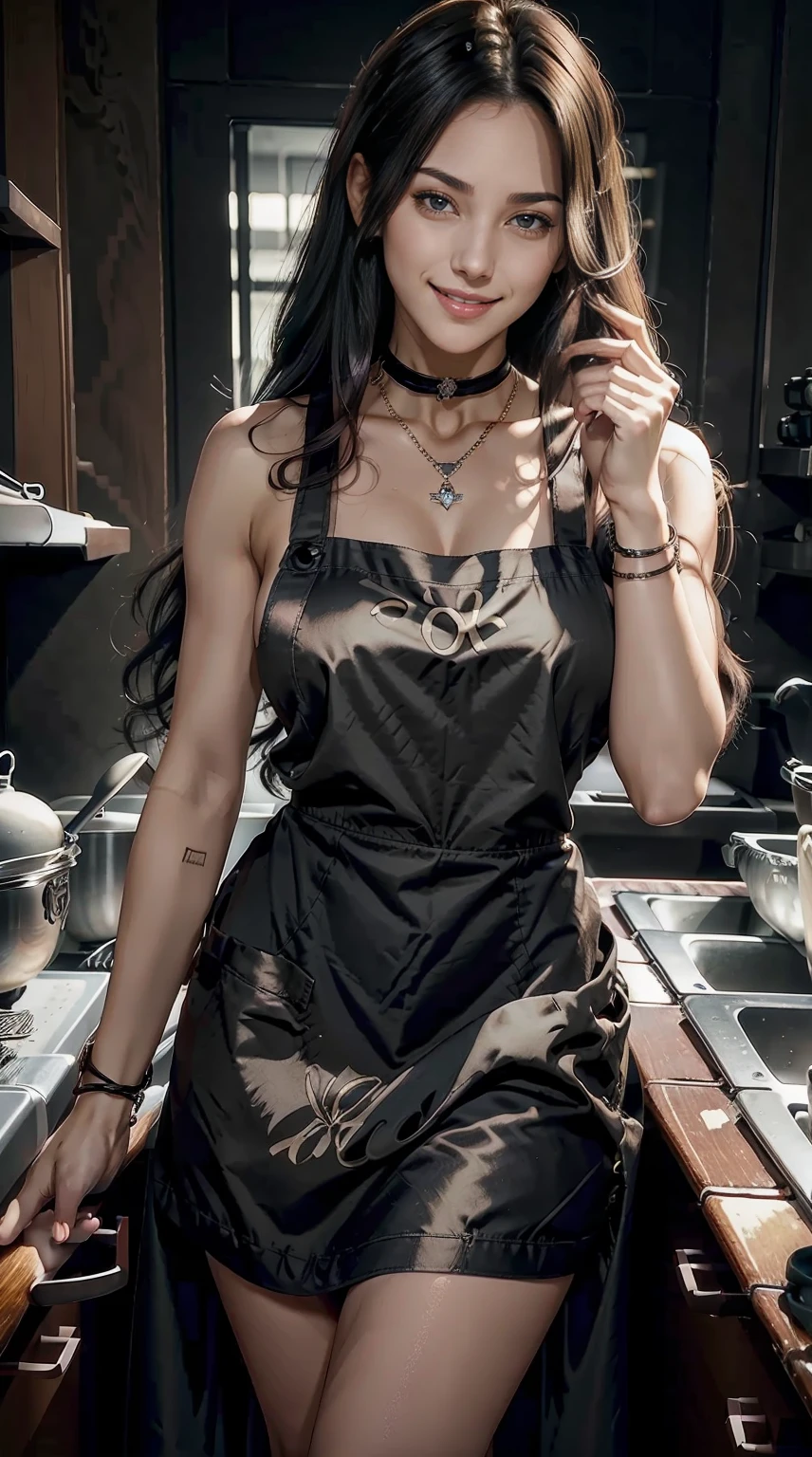 24-year-old woman、Hair color is black、Eye color is dark brown、Longhaire、Straight hair、Slender but well-proportioned muscular man、a smile、I'm wearing a necklace、accessories on wrist、Wearing an apron naked、a smile、wearing a lace choker、