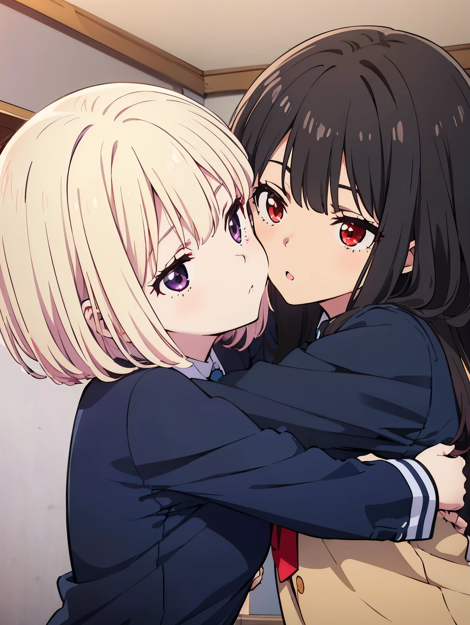 NSFW，SEX，(masterpiece), (best quality),lycoris,Chisato+takina,
2girls,hug each other,kiss，clothed,school uniform ,(((right girl is purple eyes, left girl is red eyes))),((( right girl is black long hair))),left girl is blonde short hair,Best proportions