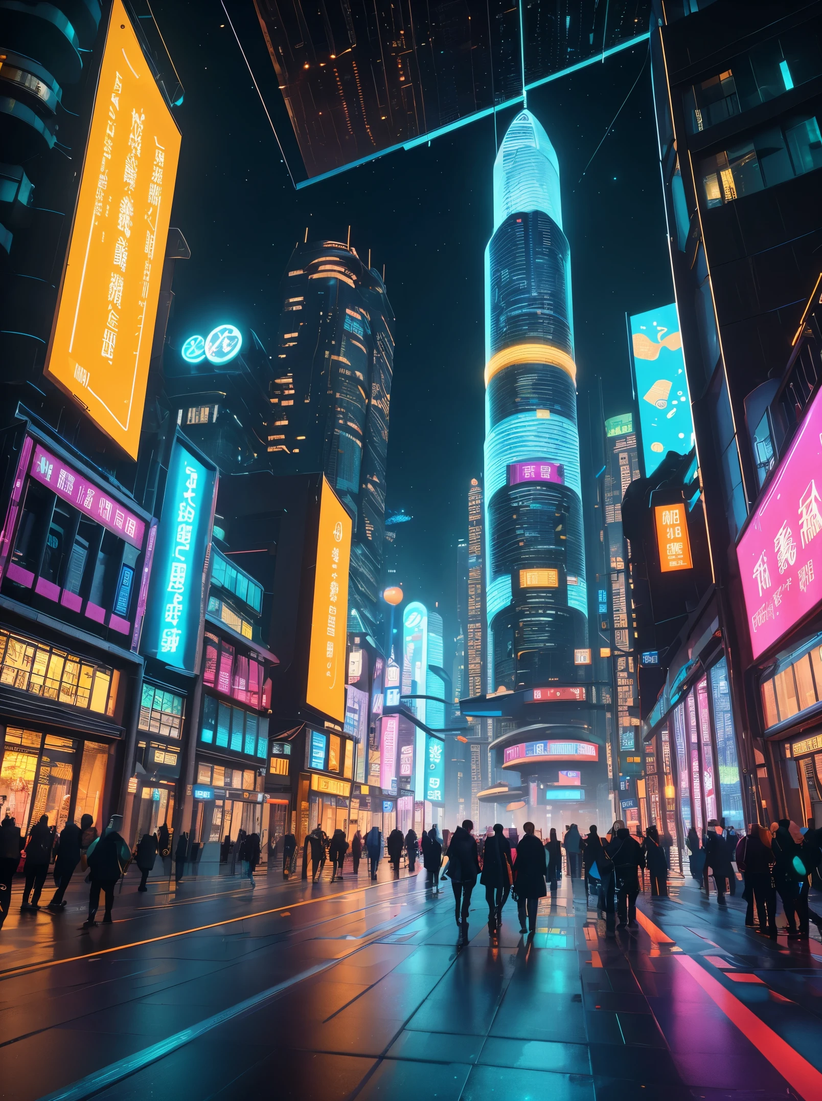 In this futuristic image of a city at night，We were taken into a city full of technology and innovation。Tall skyscrapers glow with neon lights in the night sky，Forming a series of colorful lines。The facades of these buildings are covered with reflective materials，Reflects surrounding lights，Create a futuristic atmosphere。 On the streets of the city，Driverless cars and aircraft fly by，They leave colorful trails in the night sky。These vehicles are made of smooth metal and  materials，It gives a sense of technology and the future。People wear fashionable clothing，Wearing smart glasses and bracelet，Integrate with technology。 The center of the city is a huge，There is a huge water screen projection on，Displays a variety of gorgeous images and animations。People surround the water curtain projection，Admire the art works and technology displayorming a unique interactive experience。surrounded by a green belt，Planting plants of the future，These plants emit faint fluorescence，Adding a touch of vitality and natural flavor to the city。 In the distance of the picture，We can see a huge spaceport，The spaceship is taking off，Carrying people to unknown areas of the universe。The spaceport’s architectural design is unique，Full of curves and streamlined elements，It gives a sense of futuristic technology。 The whole picture is full of a sense of technology and the future，Showing a future city full of innovation and imagination。This painting is rich in detail，vibrant with colorull of imagination and creativity，It makes people feel like they are in a future world full of technological wonders， (Cyberpunk night view， ultra - detailed， intricately details， deep colour， 8k解像度， realisticlying， tmasterpiece， cinmatic lighting， bokeh， Unreal Engine 5， rendering by octane， movie smoothing)