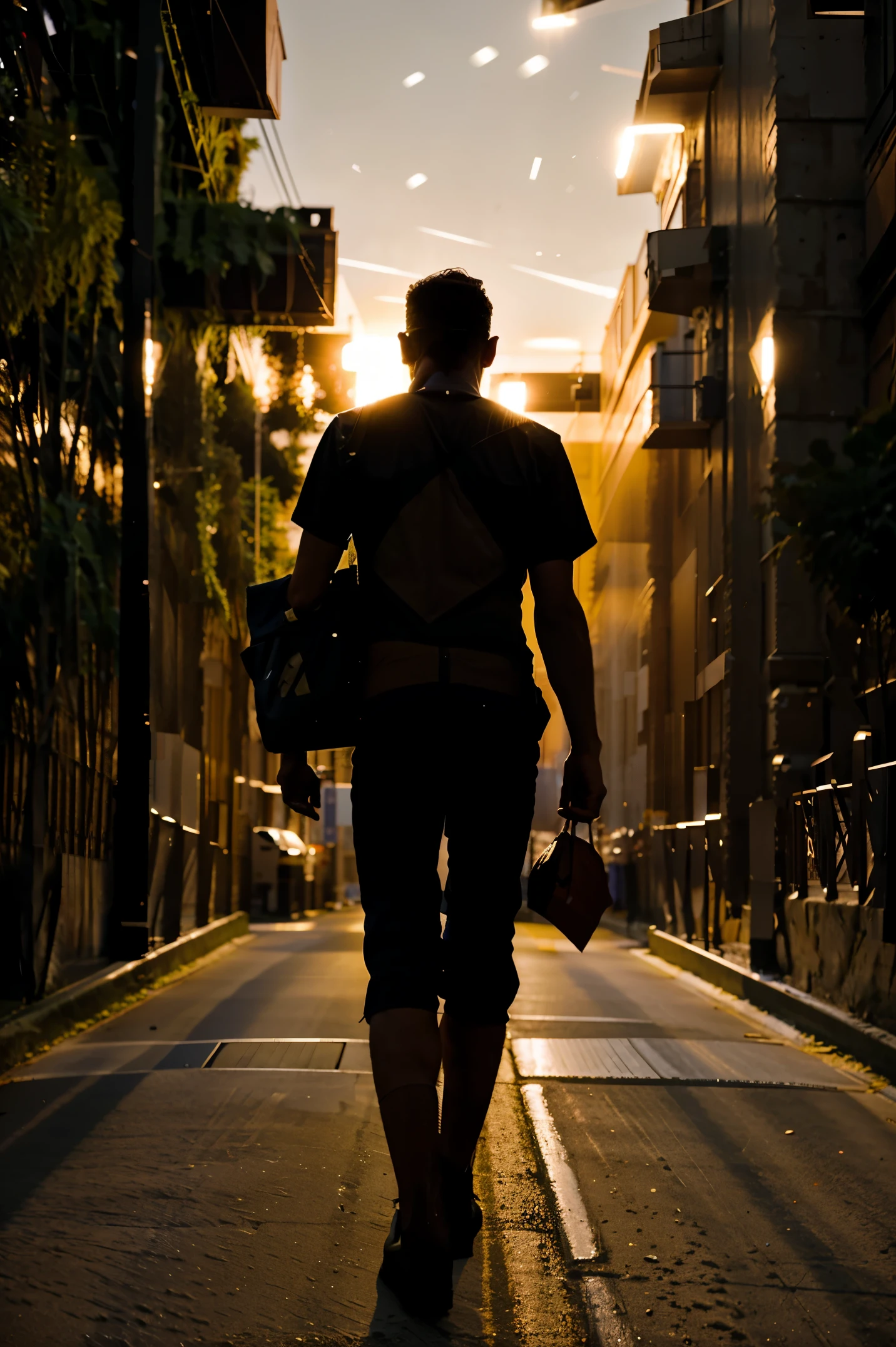 Silhouette of a Man with his back to the camera walking in the middle of 2 worlds, multiuniverso, mundo espiritual al lado derecho, mundo moderno al lado izquierdo