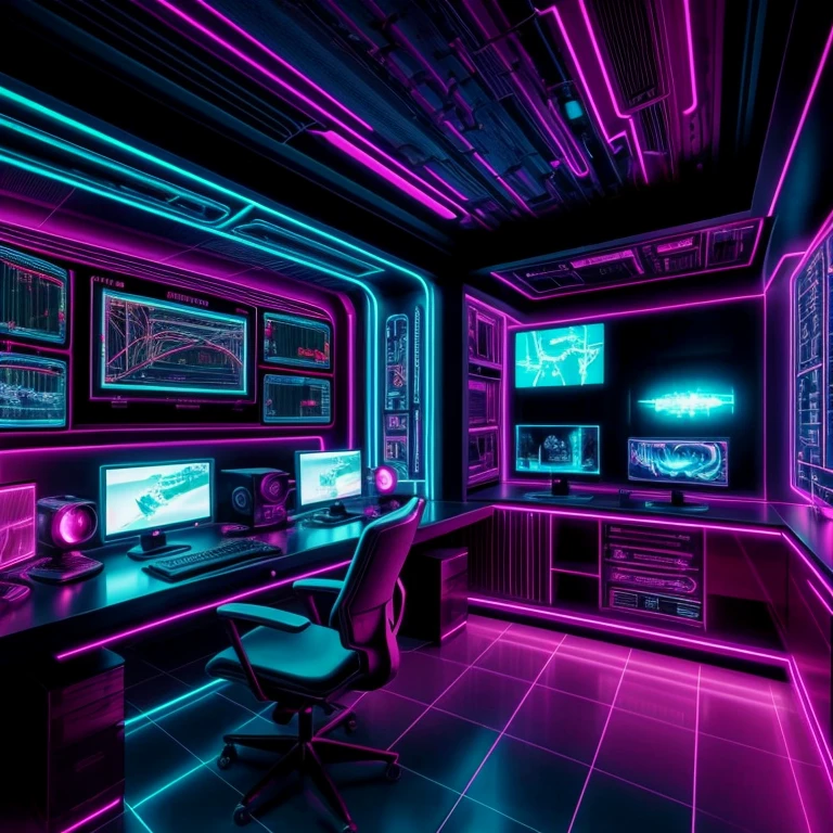 In a cyberpunk world, the control room is illuminated with vibrant neon lights. The center of attention is a large clock ticking in the background, symbolizing the passage of time. A futuristic interface occupies the main wall, displaying data and graphs, indicating the control over the complex systems. The control panel is filled with buttons, switches, and screens, enhancing the cyberpunk aesthetic. The room emanates an intense atmosphere, with flickering lights and a hint of mystery. The colors are vivid and vibrant, with neon blues, purples, and pinks dominating the scene. The lighting is low, casting dramatic shadows across the room, creating an immersive and dramatic effect. The attention to detail is exquisite, with every dial, knob, and wire meticulously designed, giving a sense of realism and authenticity. The artwork is of the highest quality, with a resolution of 4K or 8K, capturing every intricate detail and showcasing the mastery of the artist. The overall style is a mix of science fiction and cyberpunk, with elements of advanced technology and futuristic design. The prompt consists of "high-res, 4K or 8K, cyberpunk control room, neon lights, futuristic interface, vibrant colors, low lighting, detailed clock, immersive atmosphere, dramatic shadows, realistic artwork."