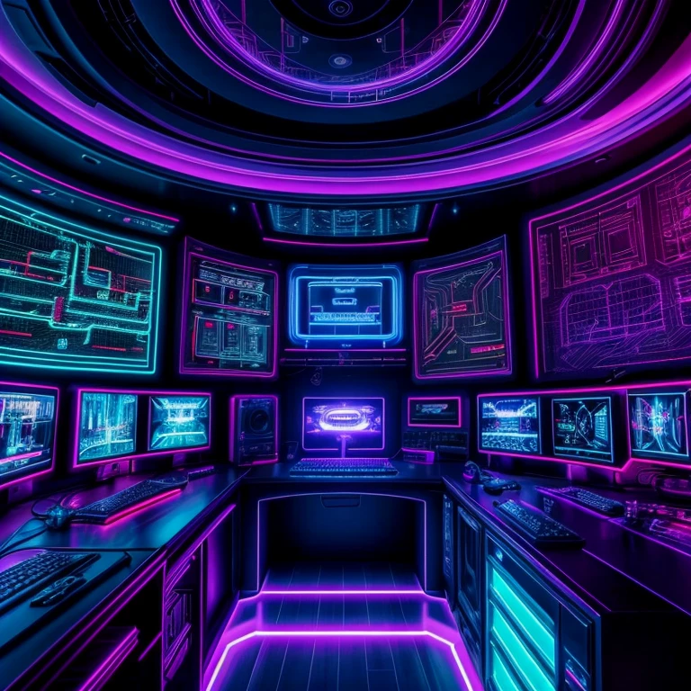 In a cyberpunk world, the control room is illuminated with vibrant neon lights. The center of attention is a large clock ticking in the background, symbolizing the passage of time. A futuristic interface occupies the main wall, displaying data and graphs, indicating the control over the complex systems. The control panel is filled with buttons, switches, and screens, enhancing the cyberpunk aesthetic. The room emanates an intense atmosphere, with flickering lights and a hint of mystery. The colors are vivid and vibrant, with neon blues, purples, and pinks dominating the scene. The lighting is low, casting dramatic shadows across the room, creating an immersive and dramatic effect. The attention to detail is exquisite, with every dial, knob, and wire meticulously designed, giving a sense of realism and authenticity. The artwork is of the highest quality, with a resolution of 4K or 8K, capturing every intricate detail and showcasing the mastery of the artist. The overall style is a mix of science fiction and cyberpunk, with elements of advanced technology and futuristic design. The prompt consists of "high-res, 4K or 8K, cyberpunk control room, neon lights, futuristic interface, vibrant colors, low lighting, detailed clock, immersive atmosphere, dramatic shadows, realistic artwork."