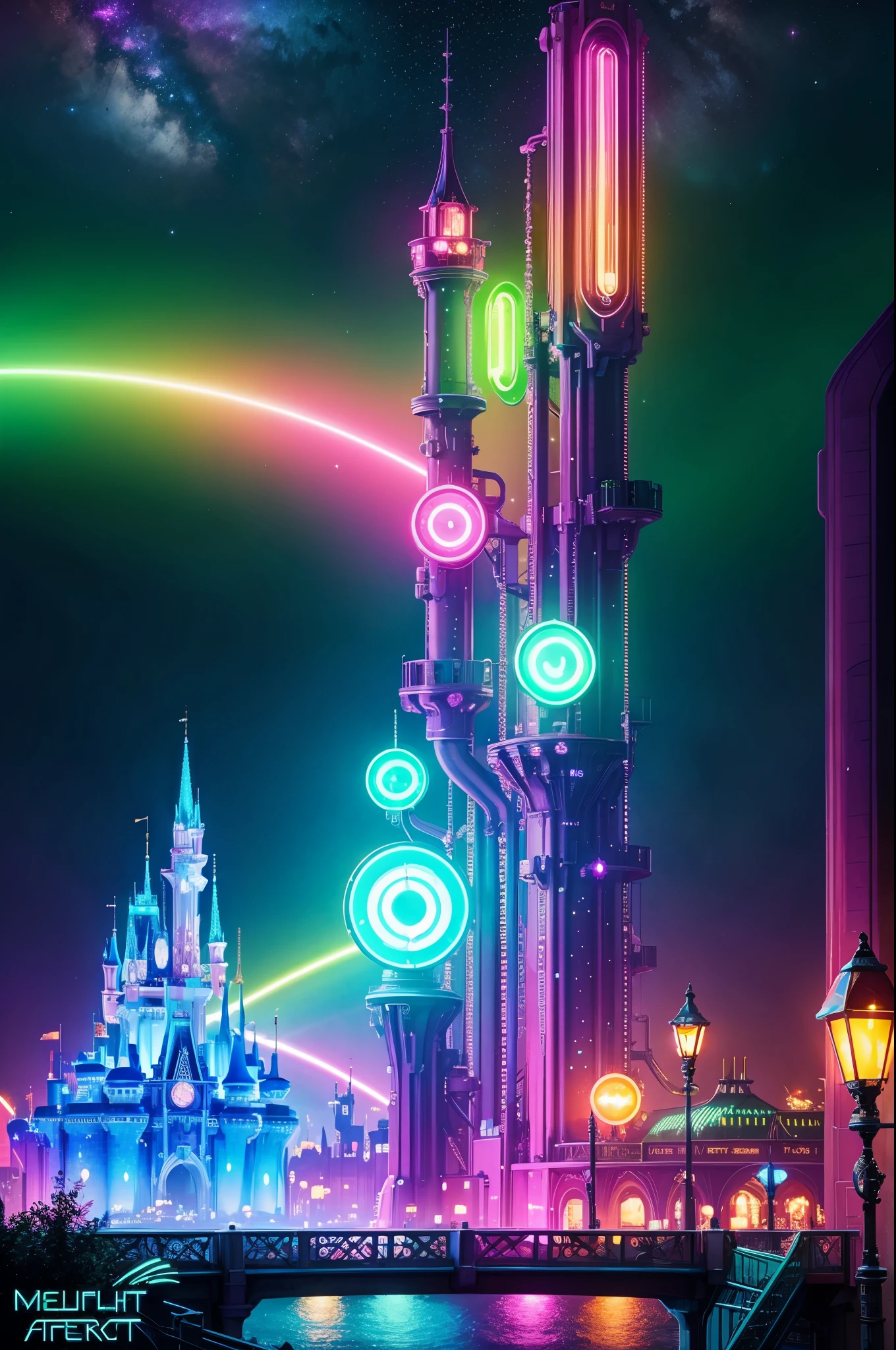 (Fluorescent color)1.4, (semi transparent)1.4,(retro filters)1.4, (fanciful)1.4, Cyberpunk night view，disney land，metalictexture，city night landscape，Mechanical Forest，soft pink sky，green blue flash，Elegant light, soft and whimsical light，Rainbow stars，diamond，Sparkling gemstone background，hyper realisitc，Ultra-quality cinematic lighting，huge detail，full HD painting，well-illuminated