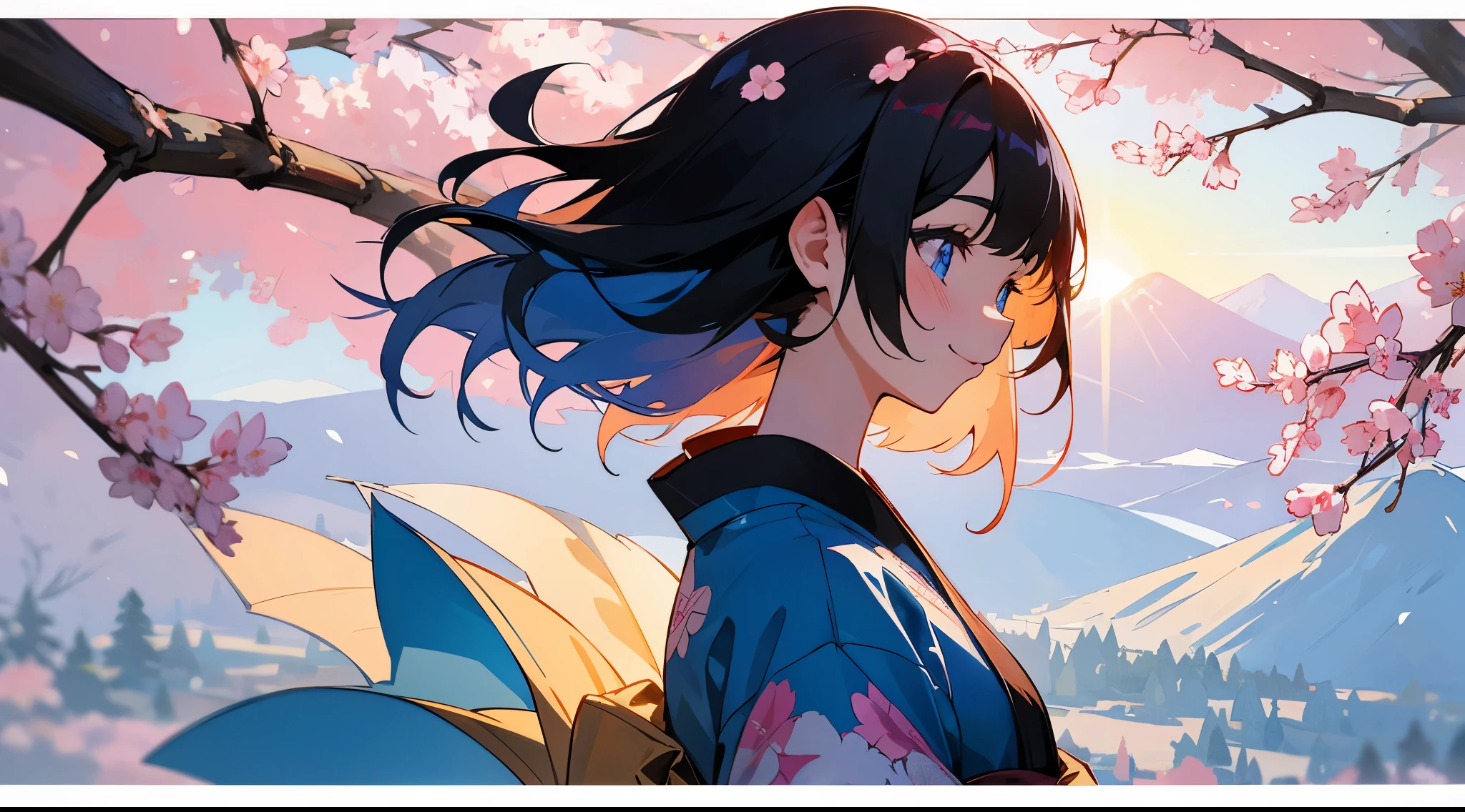 The sunlight filtering through the trees hits the profile of a person looking up with a smile.、Background with fantastic mountains, sunrise and cherry blossoms、Background with cranes flying in the distance、Back lighting、Kimono full of floral patterns、Girl with blue inner color, black hair, and light blue eyes。Close-up of the eyes。art noveau、