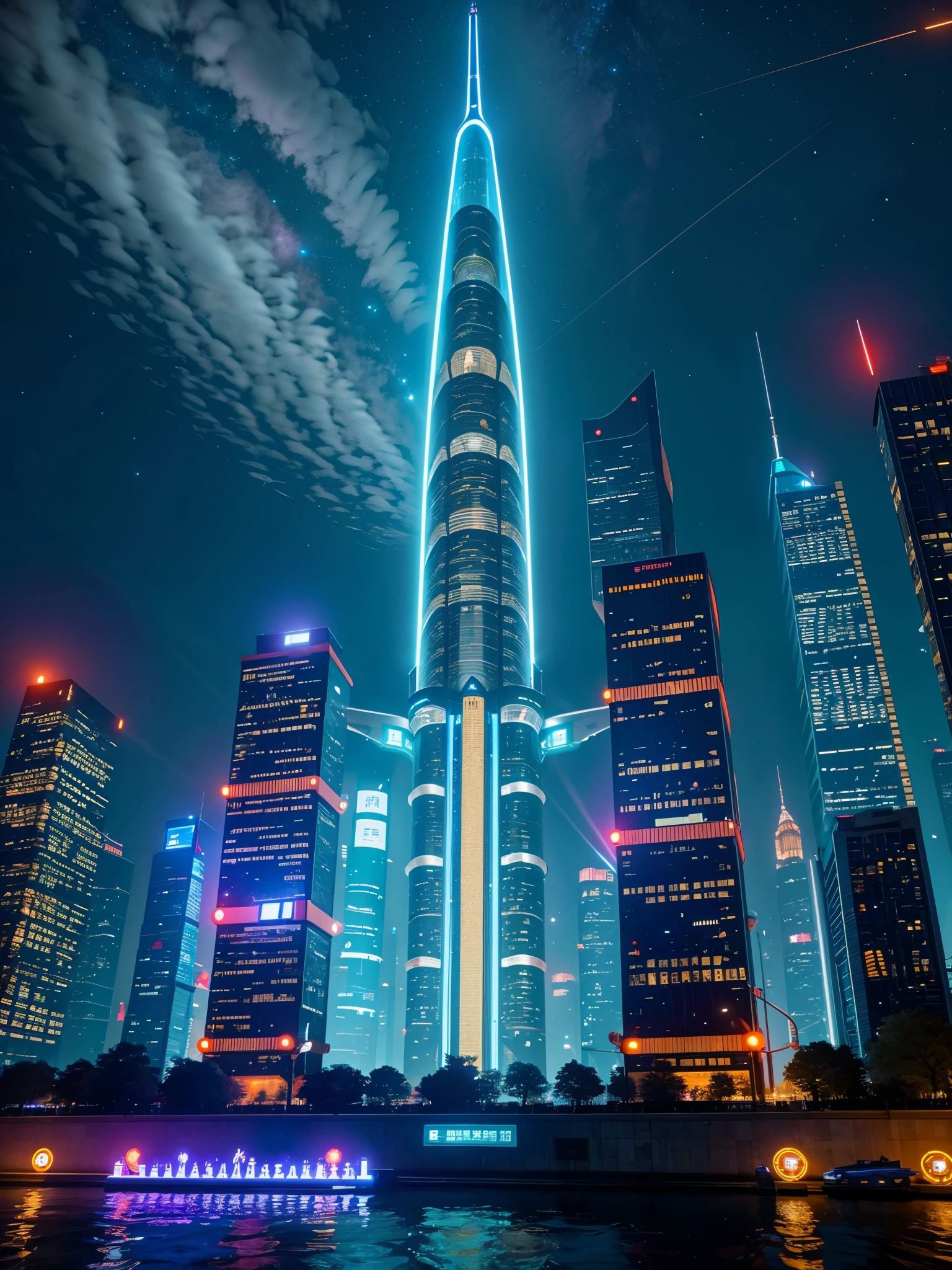 In this futuristic image of a city at night，We were taken into a city full of technology and innovation。Tall skyscrapers glow with neon lights in the night sky，Forming a series of colorful lines。The facades of these buildings are covered with reflective materials，Reflects surrounding lights，Create a futuristic atmosphere。 On the streets of the city，Driverless cars and aircraft fly by，They leave colorful trails in the night sky。These vehicles are made of smooth metal and  materials，It gives a sense of technology and the future。People wear fashionable clothing，Wearing smart glasses and bracelet，Integrate with technology。 The center of the city is a huge，There is a huge water screen projection on，Displays a variety of gorgeous images and animations。People surround the water curtain projection，Admire the art works and technology displayorming a unique interactive experience。surrounded by a green belt，Planting plants of the future，These plants emit faint fluorescence，Adding a touch of vitality and natural flavor to the city。 In the distance of the picture，We can see a huge spaceport，The spaceship is taking off，Carrying people to unknown areas of the universe。The spaceport’s architectural design is unique，Full of curves and streamlined elements，It gives a sense of futuristic technology。 The whole picture is full of a sense of technology and the future，Showing a future city full of innovation and imagination。This painting is rich in detail，vibrant with colorull of imagination and creativity，It makes people feel like they are in a future world full of technological wonders， (Cyberpunk night view， ultra - detailed， intricately details， deep colour， 8k解像度， realisticlying， tmasterpiece， cinmatic lighting， bokeh， Unreal Engine 5， rendering by octane， movie smoothing)
