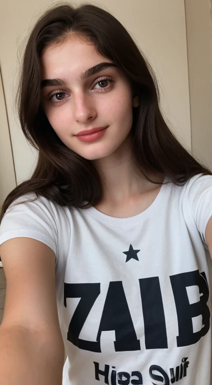 a 13 year old girl with straight black hair wearing a Real Madrid shirt taking a selfie