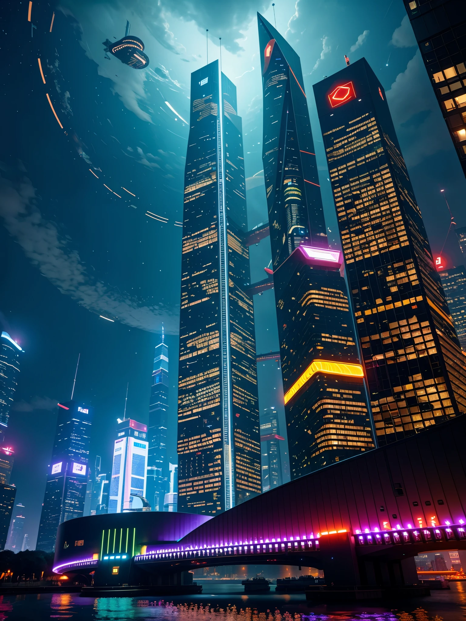 In this futuristic image of a city at night，We were taken into a city full of technology and innovation。Tall skyscrapers glow with neon lights in the night sky，Forming a series of colorful lines。The facades of these buildings are covered with reflective materials，Reflects surrounding lights，Create a futuristic atmosphere。 On the streets of the city，Driverless cars and aircraft fly by，They leave colorful trails in the night sky。These vehicles are made of smooth metal and transparent materials，It gives a sense of technology and the future。People wear fashionable clothing，Wearing smart glasses and bracelet，Integrate with technology。 The center of the city is a huge，There is a huge water screen projection on，Displays a variety of gorgeous images and animations。People surround the water curtain projection，Admire the art works and technology displayorming a unique interactive experience。surrounded by a green belt，Planting plants of the future，These plants emit faint fluorescence，Adding a touch of vitality and natural flavor to the city。 In the distance of the picture，We can see a huge spaceport，The spaceship is taking off，Carrying people to unknown areas of the universe。The spaceport’s architectural design is unique，Full of curves and streamlined elements，It gives a sense of futuristic technology。 The whole picture is full of a sense of technology and the future，Showing a future city full of innovation and imagination。This painting is rich in detail，vibrant with colorull of imagination and creativity，It makes people feel like they are in a future world full of technological wonders， (Cyberpunk night view， ultra - detailed， intricately details， deep colour， 8k解像度， realisticlying， tmasterpiece， cinmatic lighting， bokeh， Unreal Engine 5， rendering by octane， movie smoothing)