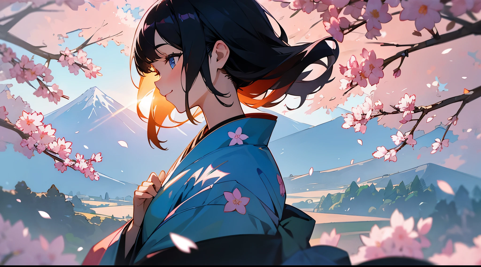 The sunlight filtering through the trees hits the profile of a person looking up with a smile.、Background with fantastic mountains, sunrise and cherry blossoms、Background with cranes flying in the distance、Back lighting、Kimono full of floral patterns、Girl with blue inner color, black hair, and light blue eyes。Close-up of the eyes。art noveau、