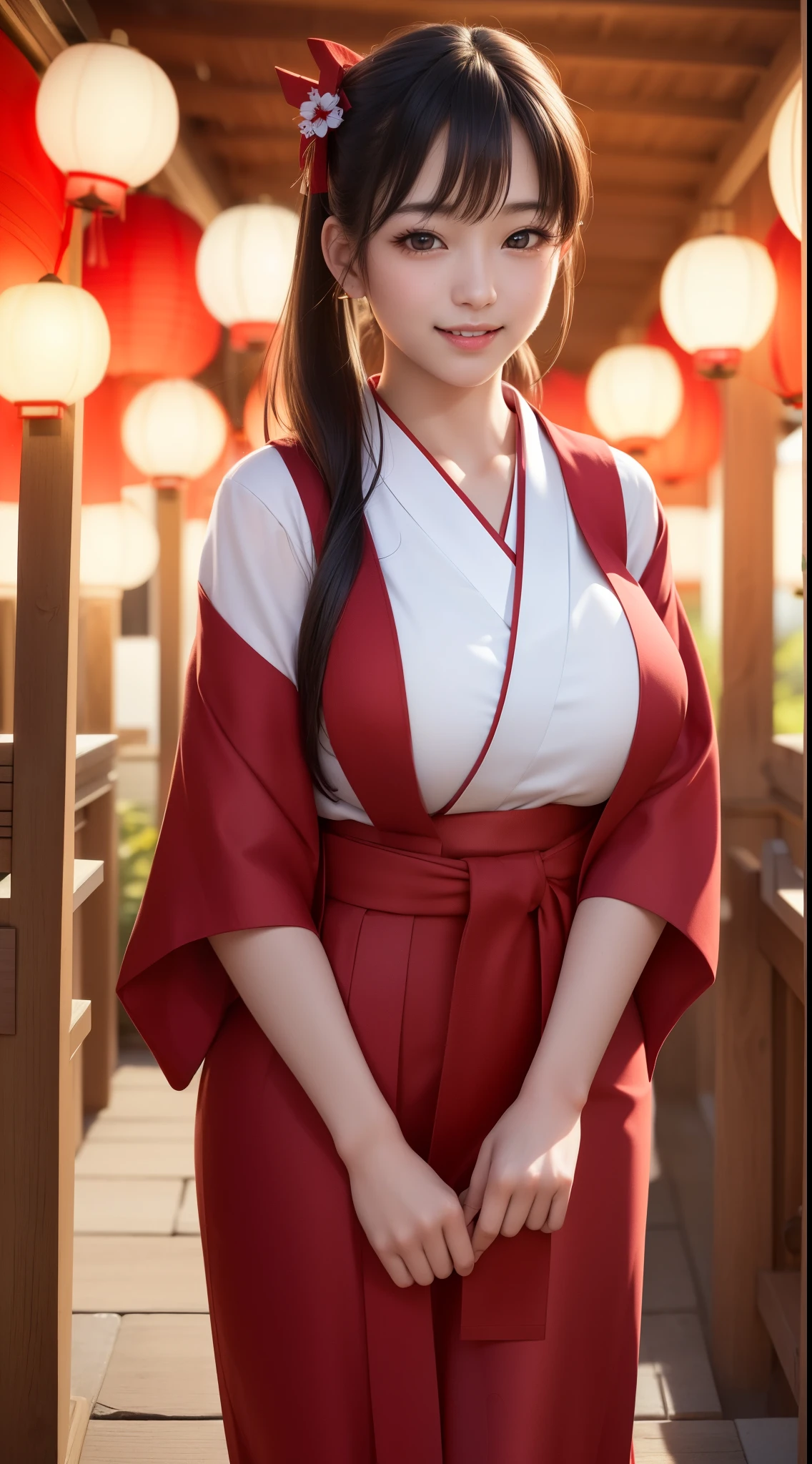 1girl,miko (shrine maiden outfit, long scarlet hakama, many head accessories:1.5) (cute, tareme, smile, bare face, big eyes:1.4) straight hear, black hair, long hair, ponytail, cowboy shot, smile, big breasts, looking forward (in shrine, in night, japanese paper lanterns in background:1.4) BREAK japanese, japanese idol, black eyes, (best quality, ultra high res, Realistic, RAW photo, real person, portrait photography, photorealistic, detailed skin, fair skin, beautiful detailed eyes)