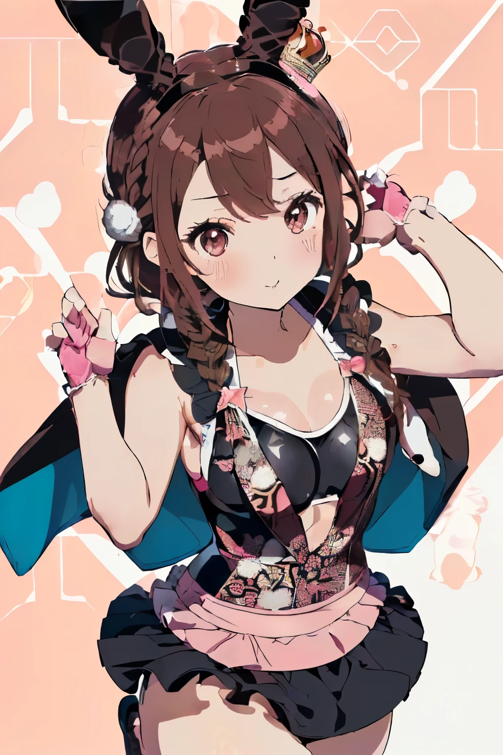 ((Brown hair)),((Braided shorthair)),((With black eyes)),微reddish潮,(Open-chested Japanese pattern swimsuit:1.5),(Bikini type swimsuit 1.4),(Skirts with ruffles:1.25),(fluffy cloak:1.3),(stylish five finger gloves:1.2),(Ruffled ornament:1.25),(Accessories and hair ornaments with flower motifs),(Usamimi:1.7),(active movement:1.25),(crown on the head:1.5),(The color of the swimsuit is pink、reddish、blanche:1.3),Kamimei,(close up of face:1.35),(Rabbit pose with hands:1.35),(A cute world filled with stuffed animals and toys:1.25),(A happy, fluttering face),(jump with one leg up:1.5),(Rabbit ears:1.7),(Princess of rabbit country:1.45),