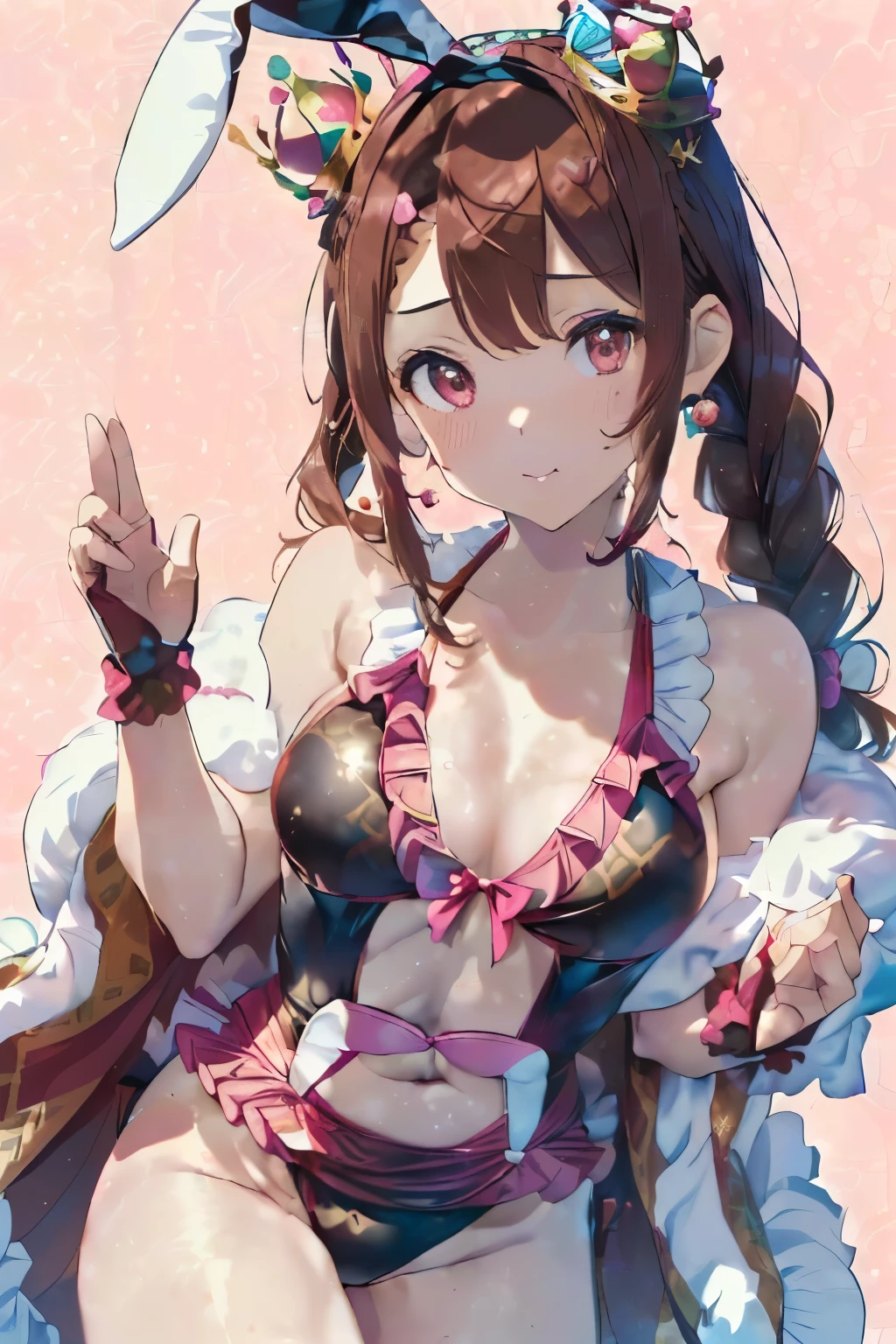 ((Brown hair)),((Braided shorthair)),((With black eyes)),微reddish潮,(Open-chested Japanese pattern swimsuit:1.5),(?????? type swimsuit 1.4),(Skirts with ruffles:1.25),(fluffy cloak:1.3),(stylish five finger gloves:1.2),(Ruffled ornament:1.25),(Accessories and hair ornaments with flower motifs),(Usamimi:1.7),(active movement:1.25),(crown on the head:1.5),(The color of the swimsuit is pink、reddish、blanche:1.3),Kamimei,(close up of face:1.35),(Rabbit pose with hands:1.35),(A cute world filled with stuffed animals and toys:1.25),(A happy, fluttering face),(jump with one leg up:1.5),(Rabbit ears:1.7),(Princess of rabbit country:1.45),