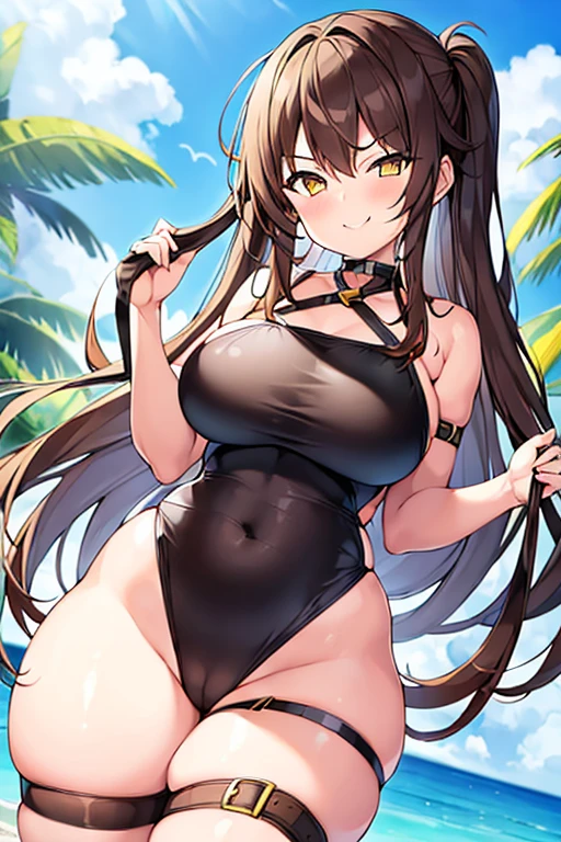 1girl, brown hair, large breasts, wide hips, thick thighs, yellow eyes, black swimsuit, one-piece swimsuit, sling swimsuit, slingshot, smirk, smug, choker, thigh strap, strap, smile