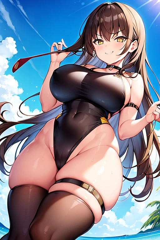 1girl, brown hair, large breasts, wide hips, thick thighs, yellow eyes, black swimsuit, one-piece swimsuit, sling swimsuit, slingshot, smirk, smug, choker, thigh strap, strap, smile