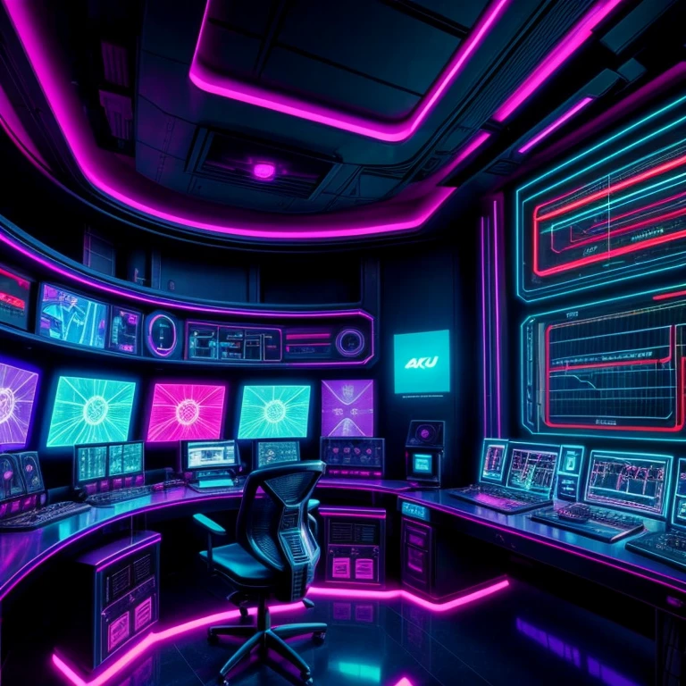 In a cyberpunk world, the control room is illuminated with vibrant neon lights. The center of attention is a large tv screen ticking in the background, symbolizing the passage of time. A futuristic interface occupies the main wall, displaying data and graphs, indicating the control over the complex systems. The control panel is filled with buttons, switches, and screens, enhancing the cyberpunk aesthetic. The room emanates an intense atmosphere, with flickering lights and a hint of mystery. The colors are vivid and vibrant, with neon blues, purples, and pinks dominating the scene. The lighting is low, casting dramatic shadows across the room, creating an immersive and dramatic effect. The attention to detail is exquisite, with every dial, knob, and wire meticulously designed, giving a sense of realism and authenticity. The artwork is of the highest quality, with a resolution of 4K or 8K, capturing every intricate detail and showcasing the mastery of the artist. The overall style is a mix of science fiction and cyberpunk, with elements of advanced technology and futuristic design. The prompt consists of "high-res, 4K or 8K, cyberpunk control room, neon lights, futuristic interface, vibrant colors, low lighting, detailed clock, immersive atmosphere, dramatic shadows, realistic artwork."