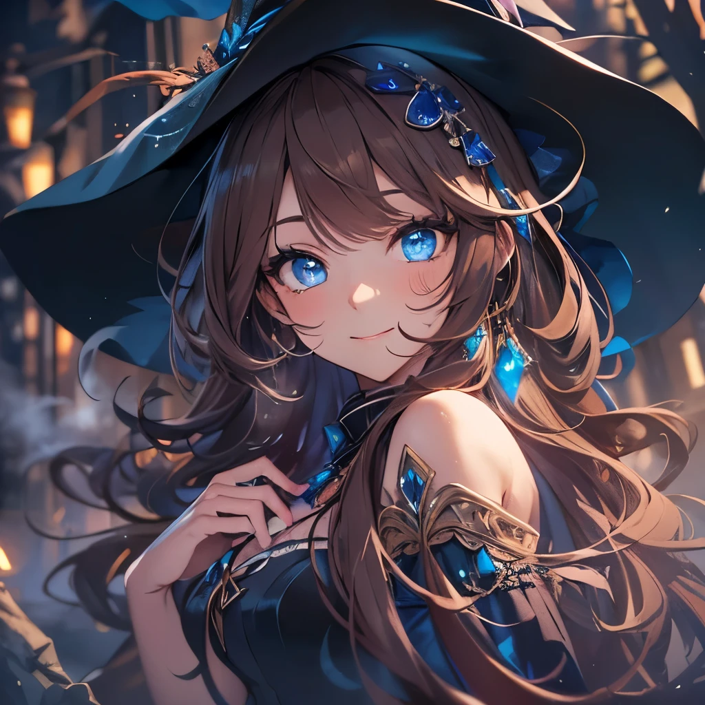 (masterpiece), 8k cg, stunningly beautiful girl, intricate details, chromatic aberration, ((bust shot)), ((looking at viewer)), 1girl, (witch gown, brown hair, witch hat, Akko Kagari), ((((Sapphire Blue Eyes)))), extremely beautiful and delicate portrait, 16 year old, woman, smile, blush, makeup, absurdres, cinematic lighting, dynamic lighting, fantasy, ((dark background, fog))