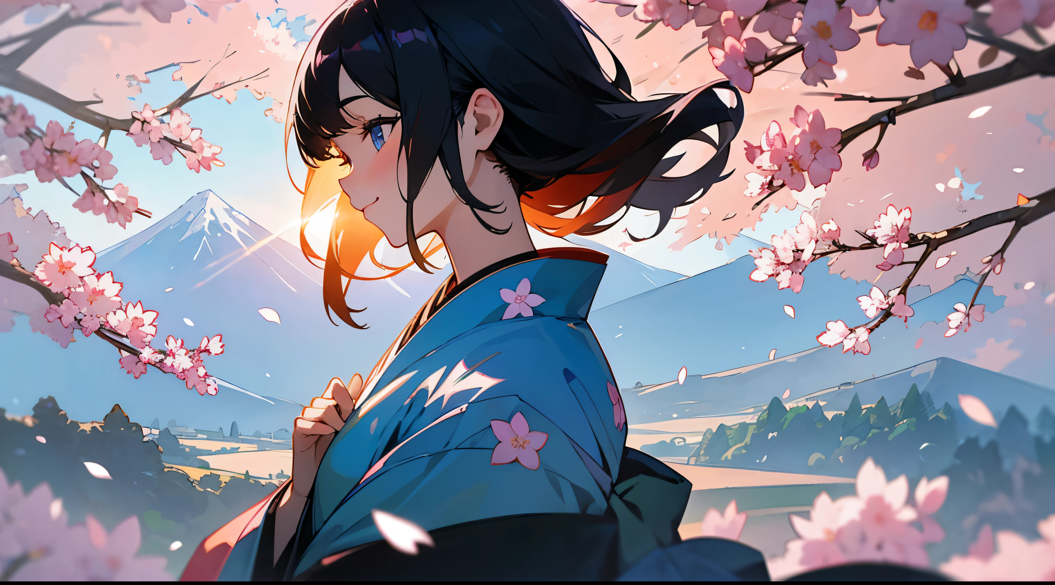 Sunlight filtering through the trees hits the profile of a person looking up with a smile.、Fantastic mountain々a backdrop of, sunrise and cherry blossoms、Background with a crane flying in the distance、Back lighting、Kimono with lots of floral patterns、Girl with blue inner color, Black hair, and light blue eyes。Close-up of the eyes。art noveau、