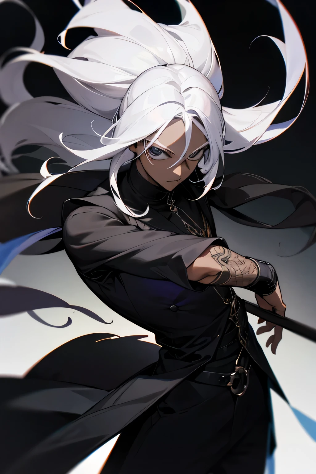 quero um personagem homem com roupa preta , olhos brancos , cabelo preto e curto , on a black background anime version