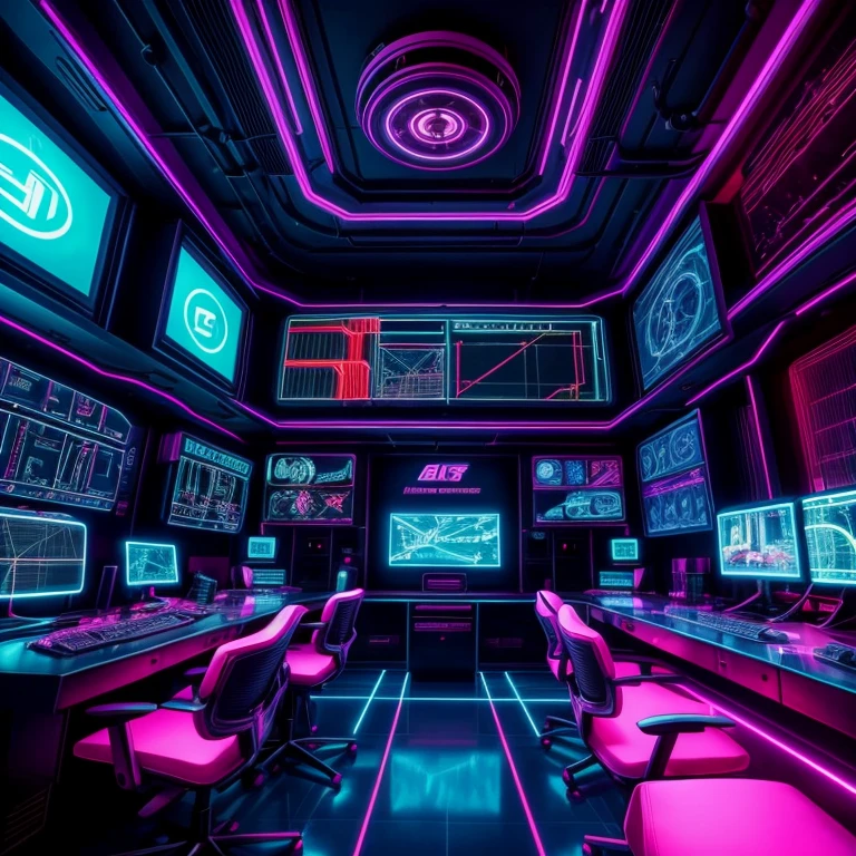 In a cyberpunk world, the control room is illuminated with vibrant neon lights. The center of attention is a large tv screen ticking in the background, symbolizing the passage of time. A futuristic interface occupies the main wall, displaying data and graphs, indicating the control over the complex systems. The control panel is filled with buttons, switches, and screens, enhancing the cyberpunk aesthetic. The room emanates an intense atmosphere, with flickering lights and a hint of mystery. The colors are vivid and vibrant, with neon blues, purples, and pinks dominating the scene. The lighting is low, casting dramatic shadows across the room, creating an immersive and dramatic effect. The attention to detail is exquisite, with every dial, knob, and wire meticulously designed, giving a sense of realism and authenticity. The artwork is of the highest quality, with a resolution of 4K or 8K, capturing every intricate detail and showcasing the mastery of the artist. The overall style is a mix of science fiction and cyberpunk, with elements of advanced technology and futuristic design. The prompt consists of "high-res, 4K or 8K, cyberpunk control room, neon lights, futuristic interface, vibrant colors, low lighting, detailed clock, immersive atmosphere, dramatic shadows, realistic artwork."