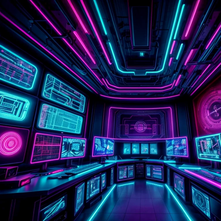 In a cyberpunk world, the control room is illuminated with vibrant neon lights. The center of attention is a large tv screen ticking in the background, symbolizing the passage of time. A futuristic interface occupies the main wall, displaying data and graphs, indicating the control over the complex systems. The control panel is filled with buttons, switches, and screens, enhancing the cyberpunk aesthetic. The room emanates an intense atmosphere, with flickering lights and a hint of mystery. The colors are vivid and vibrant, with neon blues, purples, and pinks dominating the scene. The lighting is low, casting dramatic shadows across the room, creating an immersive and dramatic effect. The attention to detail is exquisite, with every dial, knob, and wire meticulously designed, giving a sense of realism and authenticity. The artwork is of the highest quality, with a resolution of 4K or 8K, capturing every intricate detail and showcasing the mastery of the artist. The overall style is a mix of science fiction and cyberpunk, with elements of advanced technology and futuristic design. The prompt consists of "high-res, 4K or 8K, cyberpunk control room, neon lights, futuristic interface, vibrant colors, low lighting, detailed clock, immersive atmosphere, dramatic shadows, realistic artwork."