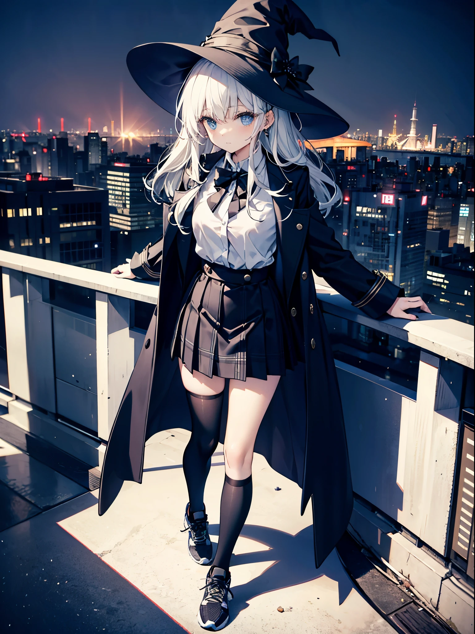 This is the rooftop of the tallest building in Tokyo.、You can look down on the city buildings from here.、It's night now、Woman wearing a large black witch hat with sapphire accessories、wearing a long black coat、she is wearing a blazer uniform、she is wearing a checked skirt、knee-length black stockings、black running shoes with white laces、Short, pure white loose lob hair、small tits