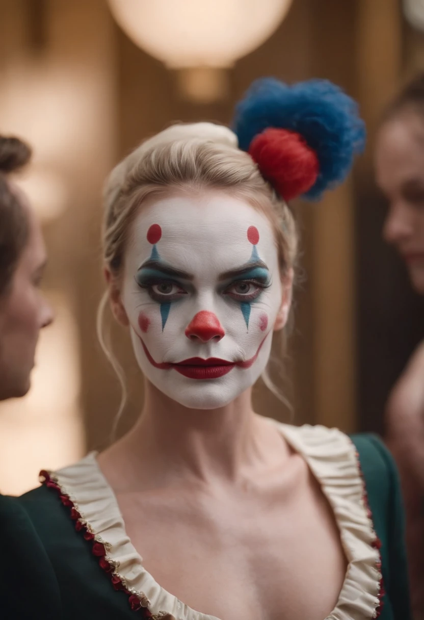 Margot Robbie dressed in clown makeup wearing a pantsuit