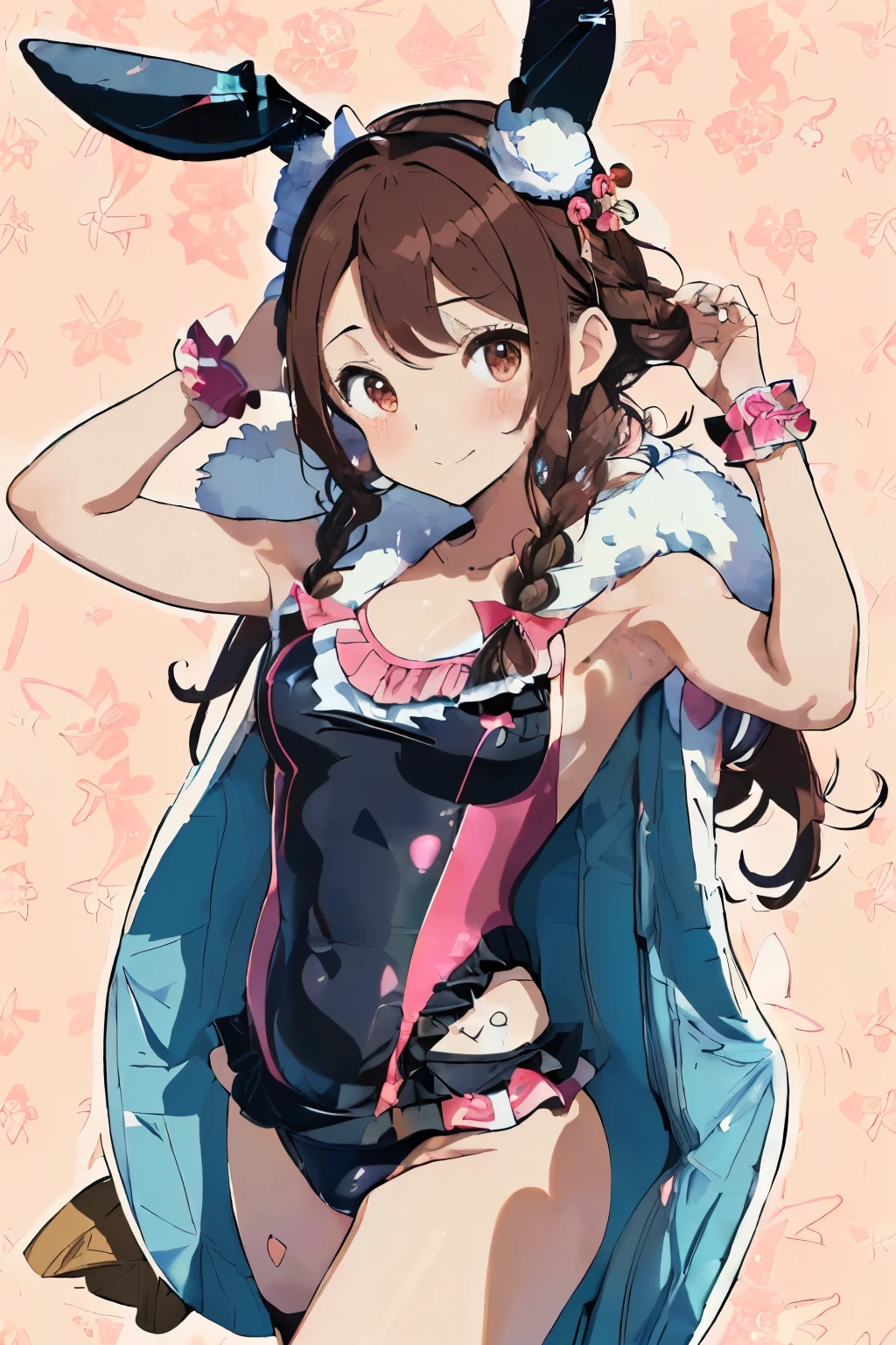 ((Brown hair)),((Braided shorthair)),((With black eyes)),微reddish潮,(Open-chested Japanese pattern swimsuit:1.5),(School swimsuit style:1.4),(Skirts with ruffles:1.25),(fluffy cloak:1.3),(stylish five finger gloves:1.2),(Ruffled ornament:1.25),(Accessories and hair ornaments with flower motifs),(Usamimi:1.7),(active movement:1.25),(crown on the head:1.5),(The color of the swimsuit is pink、reddish、blanche:1.3),Kamimei,(close up of face:1.35),(Rabbit pose with hands:1.35),(A cute world filled with stuffed animals and toys:1.25),(A happy, fluttering face),(jump with one leg up:1.5),(Rabbit ears:1.7),(Princess of rabbit country:1.45),