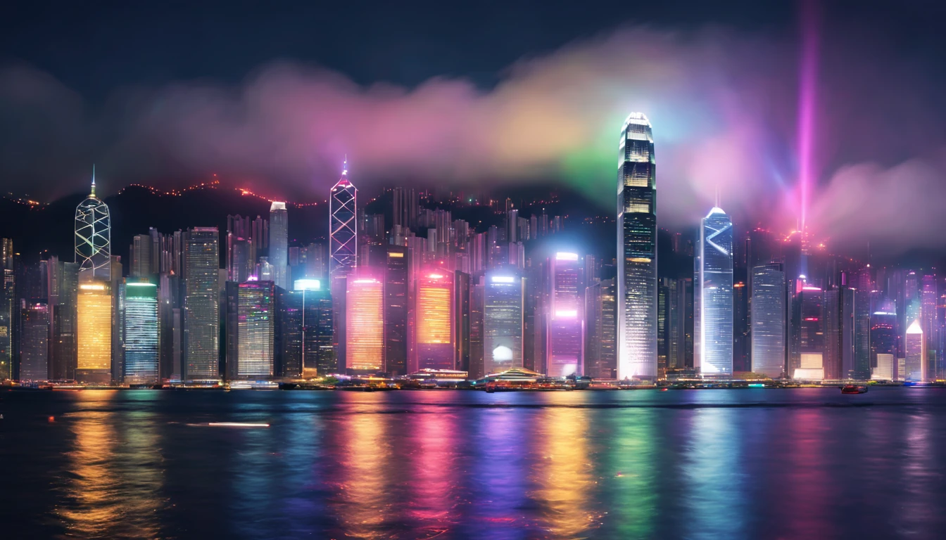 a scene of Victoria Harbour in Hong Kong at night,sparkling reflections dancing on the water,glittering skyscrapers along both sides of the harbor,twinkling lights dotting the city skyline,colorful laser beams shooting across the sky,(best quality,4k,8k,highres,masterpiece:1.2),ultra-detailed,realistic:1.37)