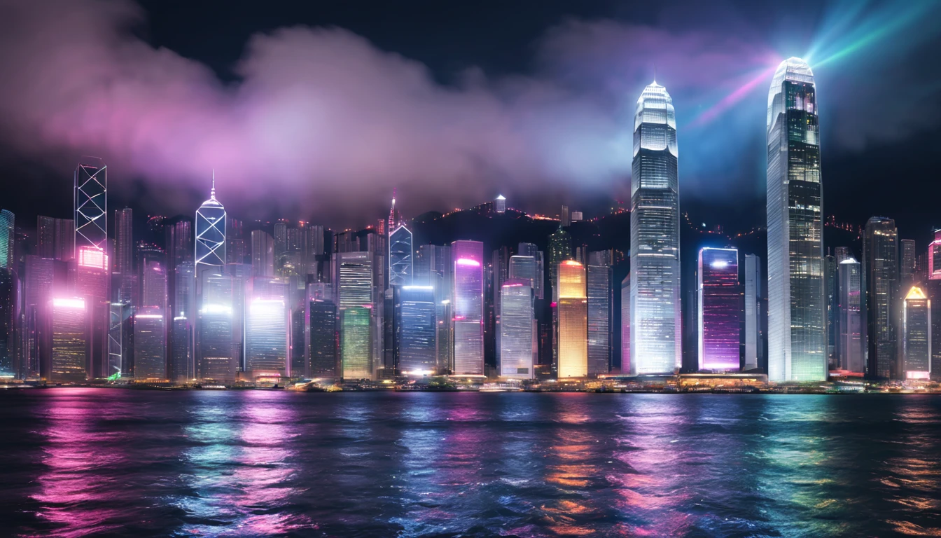 a scene of Victoria Harbour in Hong Kong at night,sparkling reflections dancing on the water,glittering skyscrapers along both sides of the harbor,twinkling lights dotting the city skyline,colorful laser beams shooting across the sky,(best quality,4k,8k,highres,masterpiece:1.2),ultra-detailed,realistic:1.37)