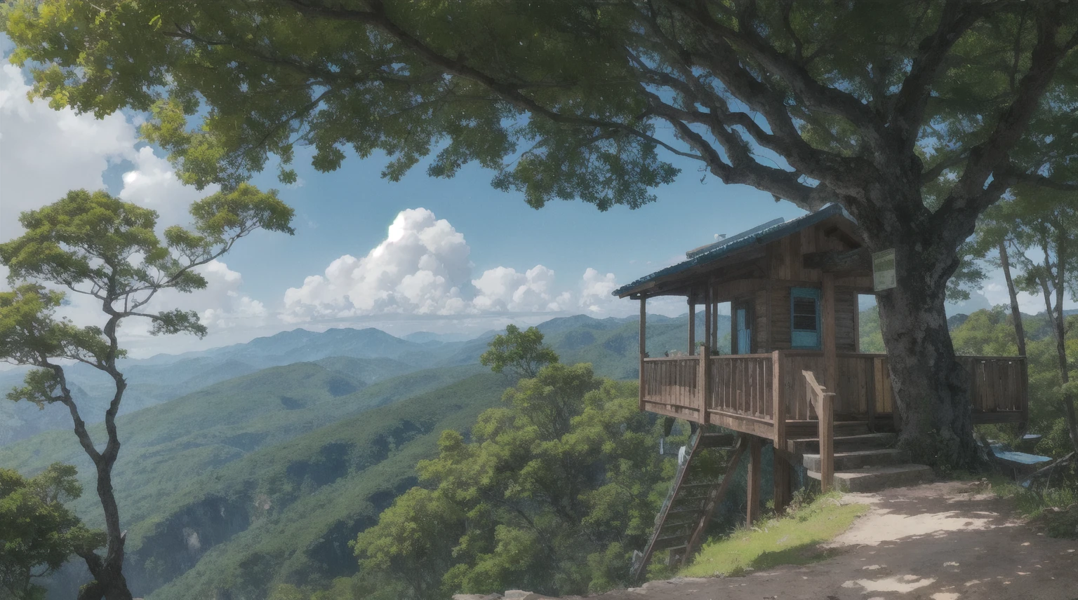 montanha com pico alto, lugar para refugio, cachoeira desce da montanha, logo em baixo, ceu azul, paisagem colorida, arvores floridas, cores vivas alegres, ultra HD , Stacked tree house --auto