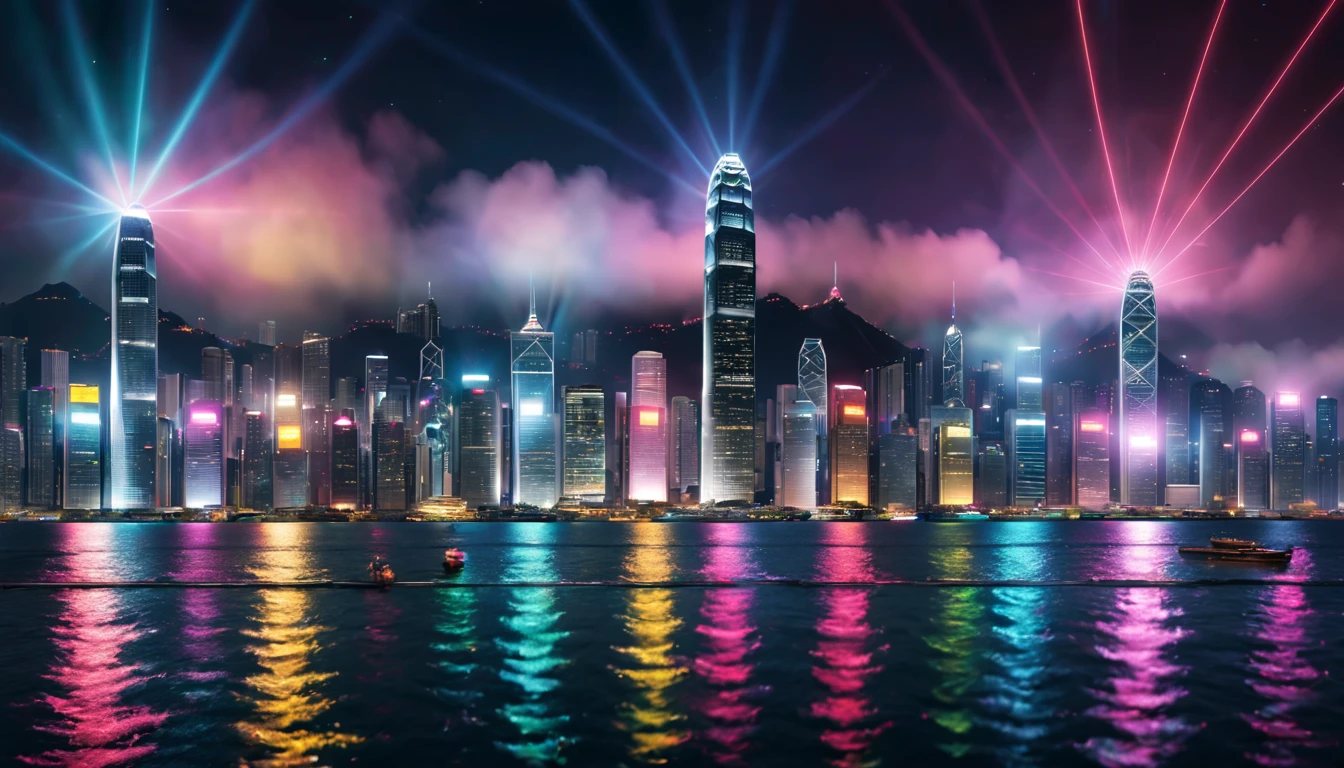 a scene of Victoria Harbour in Hong Kong at night,sparkling reflections dancing on the water,glittering skyscrapers along both sides of the harbor,twinkling lights dotting the city skyline,colorful laser beams shooting across the sky,(best quality,4k,8k,highres,masterpiece:1.2),ultra-detailed,realistic:1.37)
soft shadows and highlights,impressive depth of field and sharp focus,HDR,UHD,studio lighting,physically-based rendering,vivid colors,lively atmosphere,bokeh