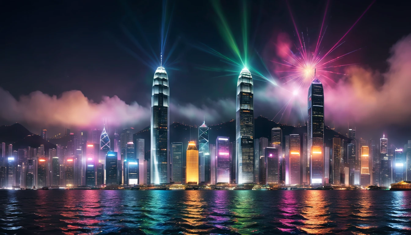 a scene of Victoria Harbour in Hong Kong at night,sparkling reflections dancing on the water,glittering skyscrapers along both sides of the harbor,twinkling lights dotting the city skyline,colorful laser beams shooting across the sky,(best quality,4k,8k,highres,masterpiece:1.2),ultra-detailed,realistic:1.37)
soft shadows and highlights,impressive depth of field and sharp focus,HDR,UHD,studio lighting,physically-based rendering,vivid colors,lively atmosphere,bokeh