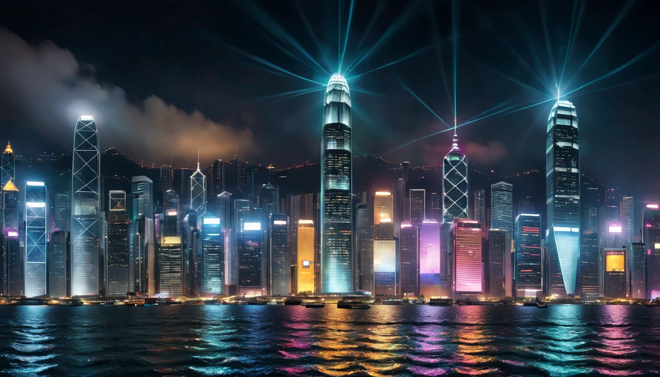 a scene of Victoria Harbour in Hong Kong at night,sparkling reflections dancing on the water,glittering skyscrapers along both sides of the harbor,twinkling lights dotting the city skyline,colorful laser beams shooting across the sky,(best quality,4k,8k,highres,masterpiece:1.2),ultra-detailed,realistic:1.37)
soft shadows and highlights,impressive depth of field and sharp focus,HDR,UHD,studio lighting,physically-based rendering,vivid colors,lively atmosphere,bokeh