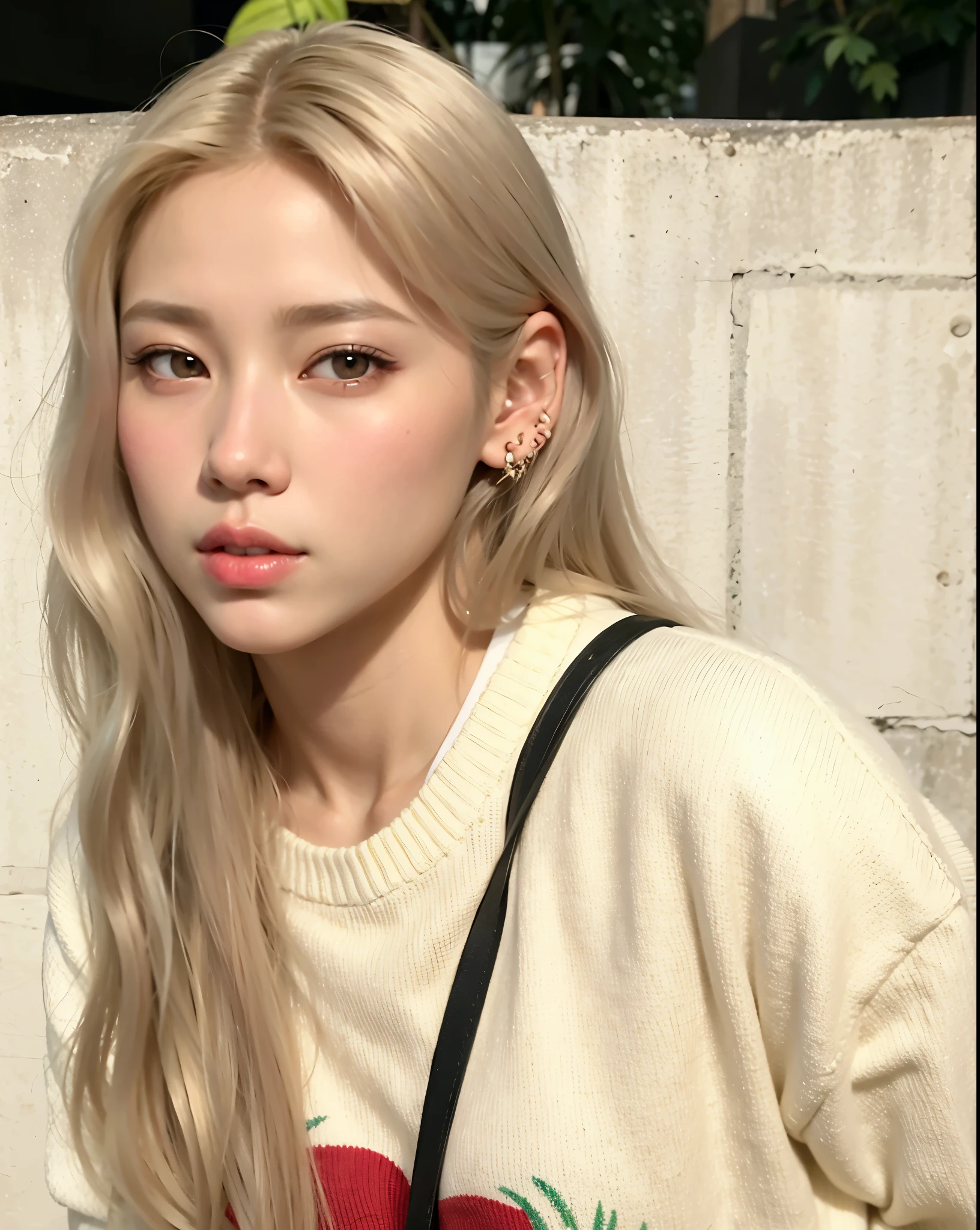 araffe girl with long blond hair wearing a white sweater and a black bag, Jaeyeon Nam, Retrato de Jossi de Blackpink, Realistic anime 3 d style, Realistic. Cheng Yi, Realistic artstyle, Kim Doyoung, kawaii Realistic portrait, Parque Roseanne do Blackpink, hyperRealistic , Heonhwa Choe, Realistic cute girl painting, Realistic person