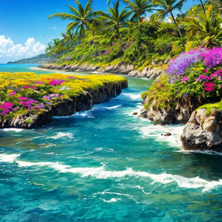 mare,Flores coloridas na costa,Ilhas ao longe,nuvens coloridas,e o sol brilhava intensamente,tmasterpiece