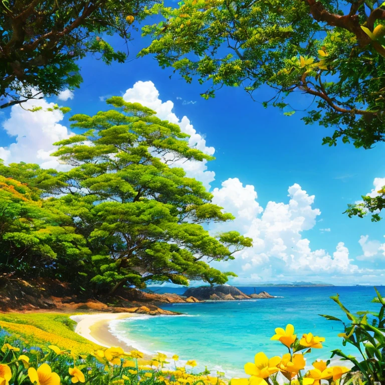 mare,Flores coloridas na costa,Ilhas ao longe,nuvens coloridas,e o sol brilhava intensamente,tmasterpiece