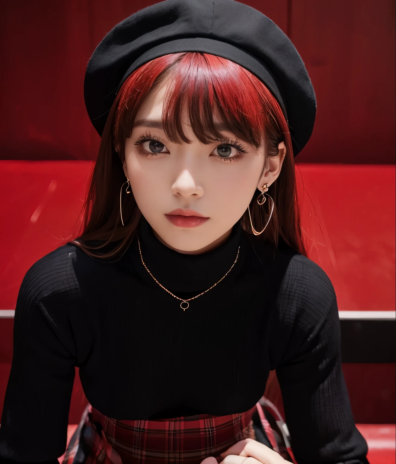 BREAK (black theme:1.4), (fit body:1.3), (tight long sleeve and turtleneck (black sweater):1.4), (black heeled boots with lace-up:1.1),
BREAK (black and red theme:1.3), ((red) high-waisted ((maxi length skirt, very long A line skirt):1.2) with [plaid pattern]:1.4), ((black) bucket hat with wide 
brim:1.4),
BREAK ((earrings, necklace):1.2),