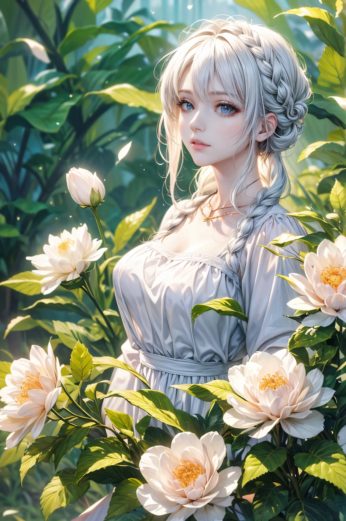 (best quality,4k,8k,highres,masterpiece:1.2), white hair,golden eyes,white clothes,looking up,upper body,strands of hair,fair skin,side braid,emerald necklace,vivid colors,gentle smile,soft lighting,pensive expression,subtle makeup,intense gaze,dreamy atmosphere,lush garden background,delicate flowers,golden sunlight streaming through the trees,morning dew on the petals,airy and ethereal composition,misty ambiance,impeccable attention to detail,highly realistic rendering,ultra-fine painting