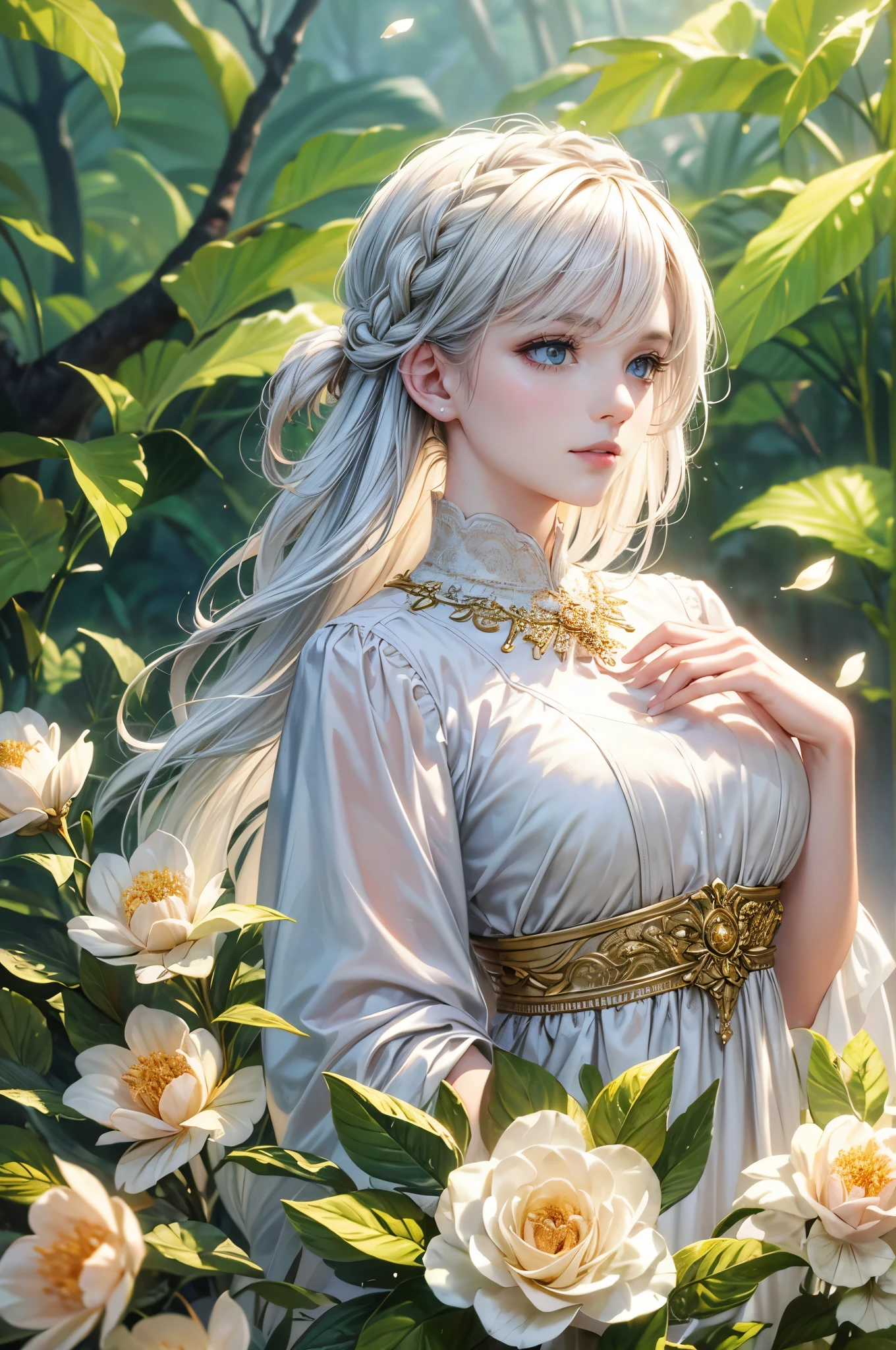 A serene and ethereal 1girl, delicate and beautiful face, radiant eyes, lush lips, porcelain skin, flowing hair, ornate headdress, detailed jewelry, graceful pose, blossoming garden, soft lighting, pastel colors, dreamlike atmosphere, (best quality,4k,8k,highres,masterpiece:1.2),ultra-detailed,(realistic,photorealistic,photo-realistic:1.37)